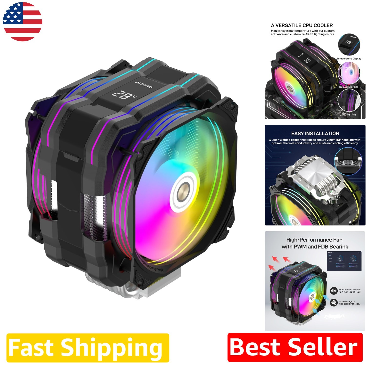 High-Performance M120D Plus CPU Cooler, ARGB, Temp Display, 6 Copper Heat Pipes