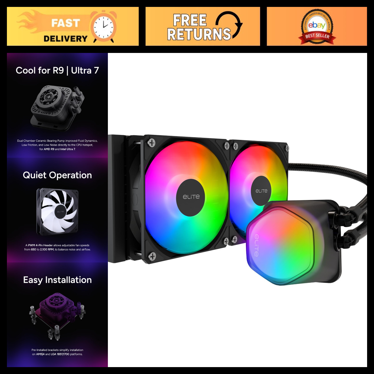 240mm AIO Liquid CPU Cooler with ARGB Lighting, High Performance Cooling System
