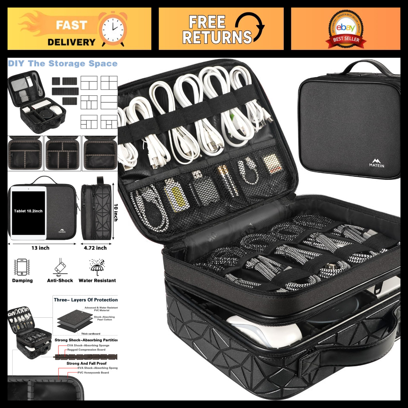 Large DJ Cable Organizer Case with Adjustable Dividers - Portable Storage Bag