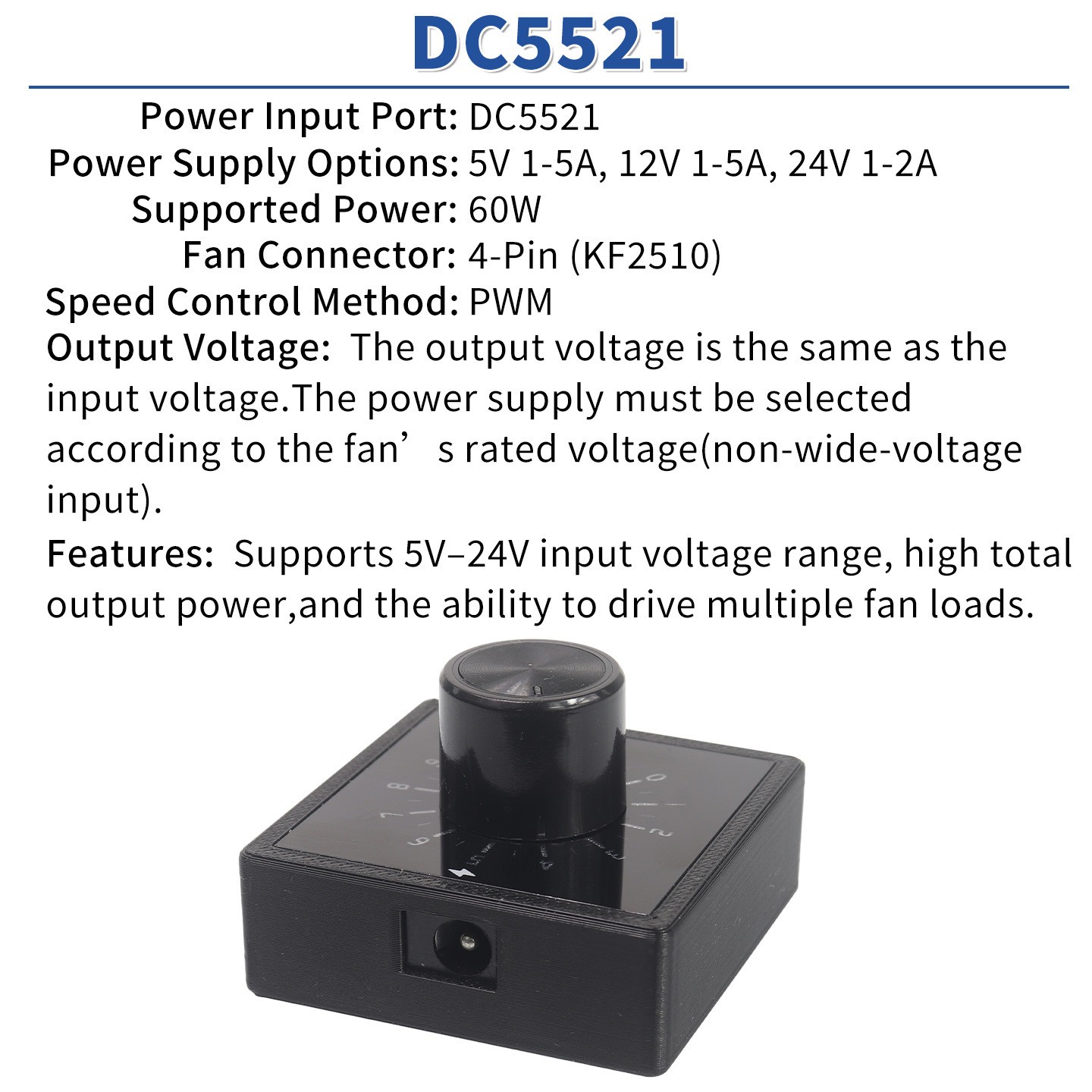 4-Pin 12V PWM Fan Speed Controller Backlight Type-C PD/QC DC5521 for PC Cooling