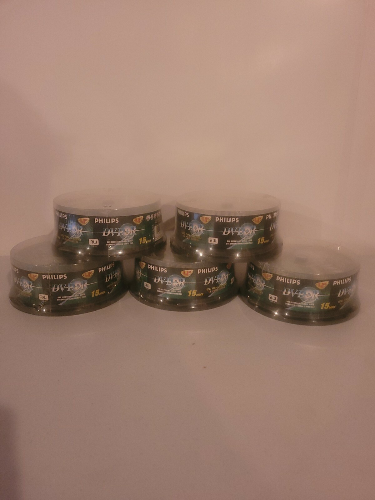 Five 15 count PHILIPS DVD+R RW DVDR 1-4x 75 Discs Blank Media 4.7GB 120Min New