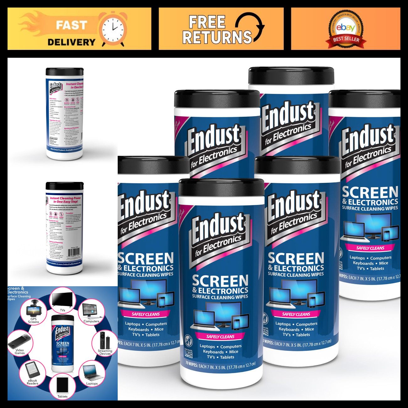 Electronics Cleaning Wipes, Pre-Moistened, Alcohol & Ammonia Free, 70 Count, 6 P