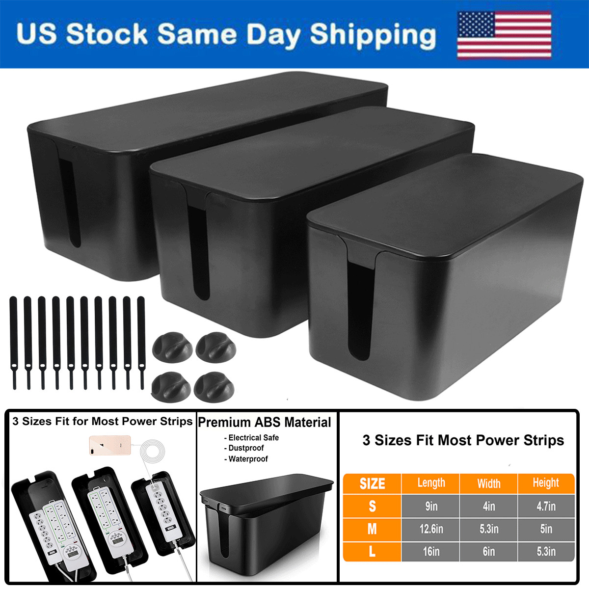 3Pcs Cable Management Box Cable Organizer Box Wires Power Strips Hide Box Black