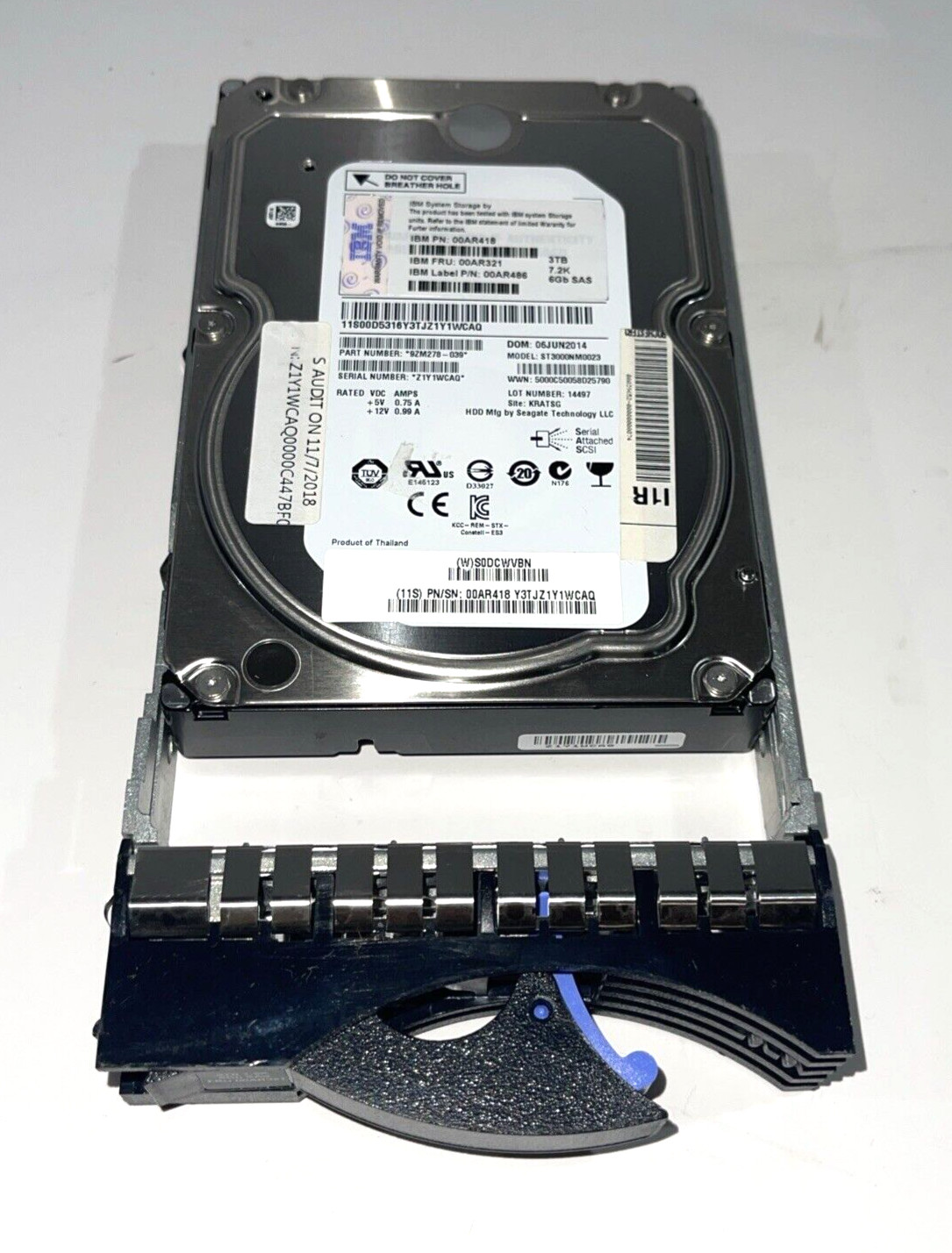 00AR321 IBM 3TB 3.5” 7.2K Server SAS Hard Drive 00AR486 W/ Caddy ST3000NM0023