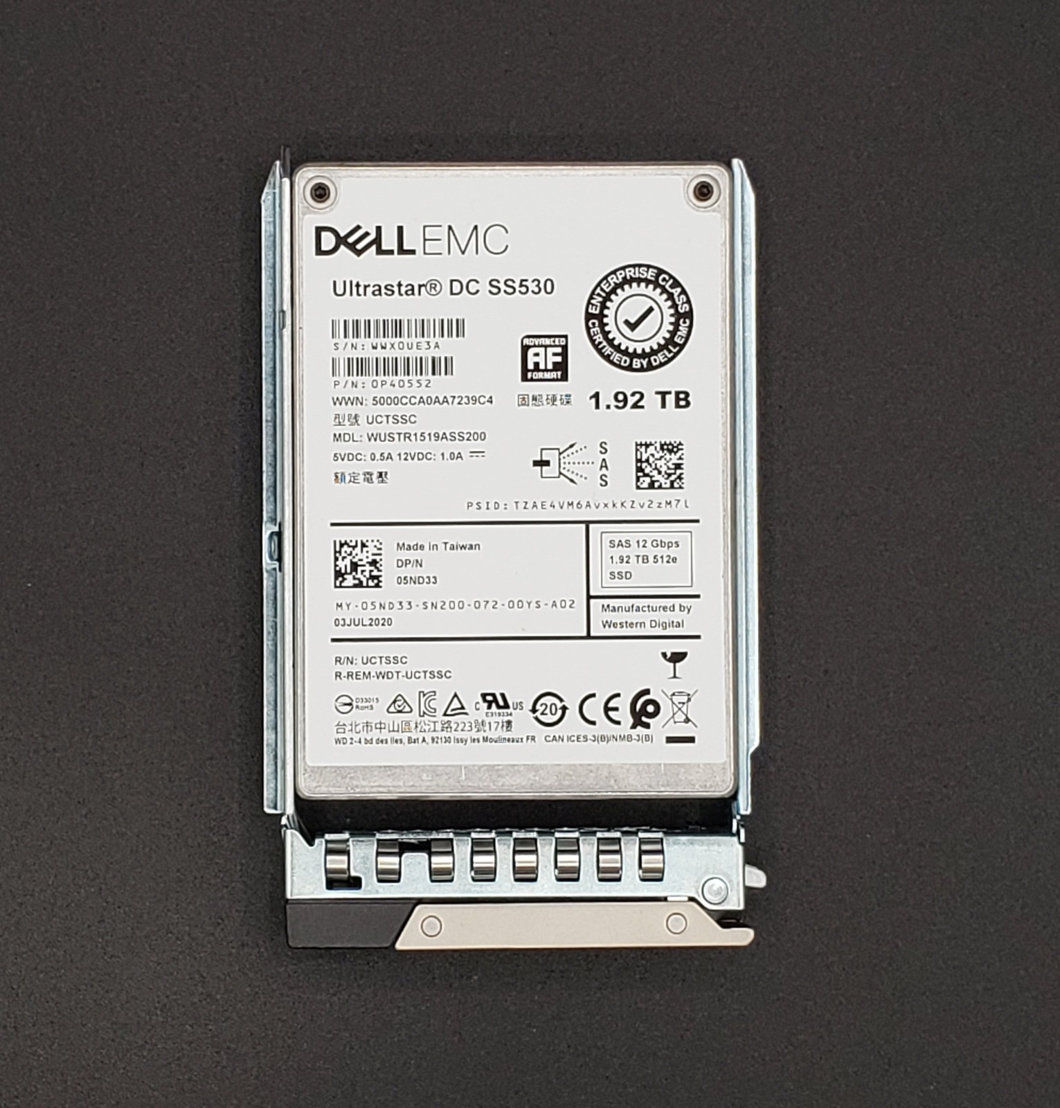 Dell EMC Ultrastar DC SS530 1.92TB 2.5" SAS WUSTR1519ASS200 w/DXD9H Server Caddy