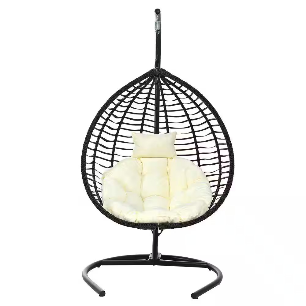 1PC 42.5 In. W X 44.1 In. D X 78 In. H Black PE Rattan & Iron Egg Swing Chair wi