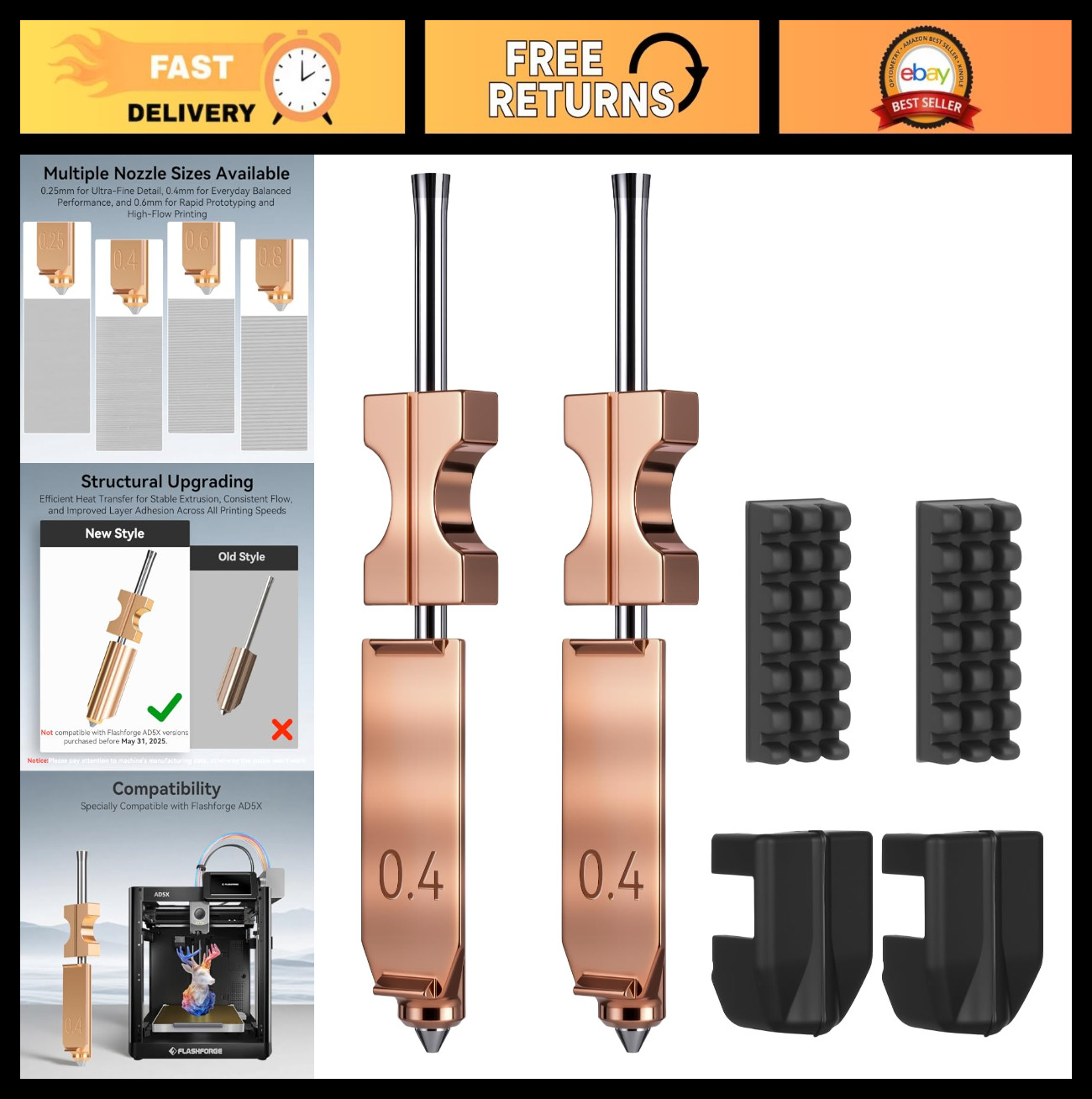 2PCS 0.4mm Quick-Swap Copper Alloy Nozzle for 3D Printer Hotend, Silicone Cover