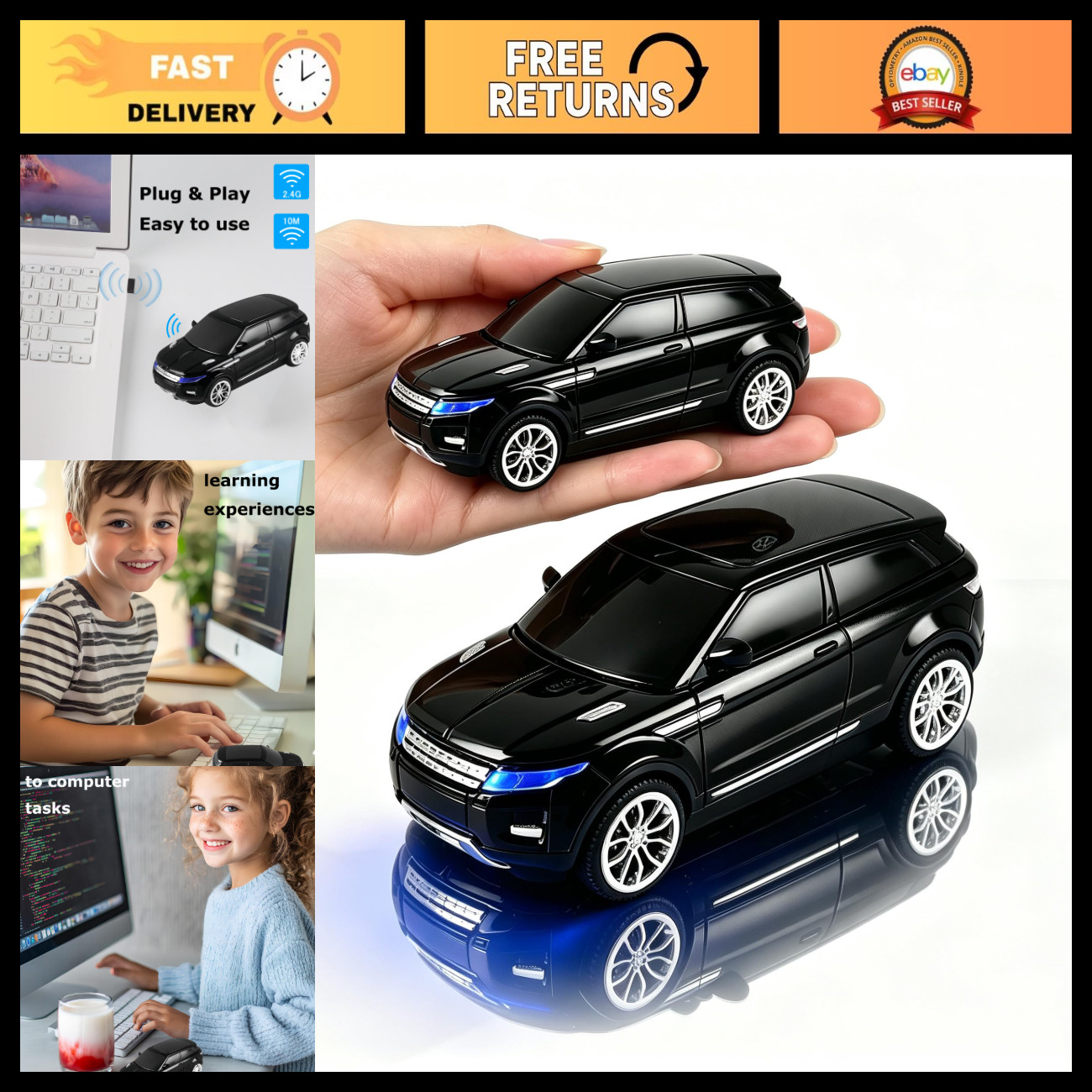Wireless Sports Car Mouse 2.4GHz LED Headlights, 1600 DPI Optical, Compact & Por