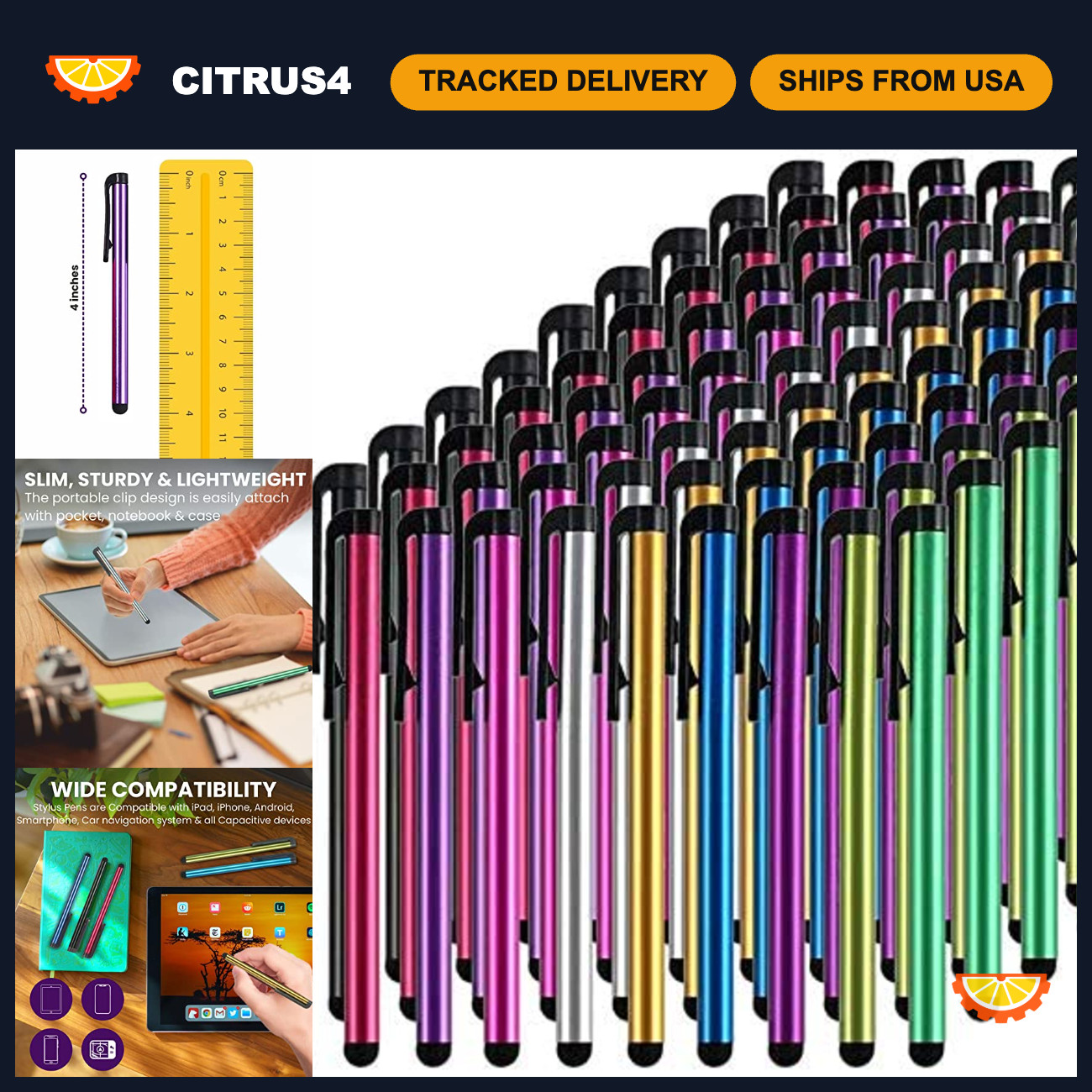 100 Pack Stylus Pens for Touch Screen Devices - Thick Rubber Tip, Multi-Color
