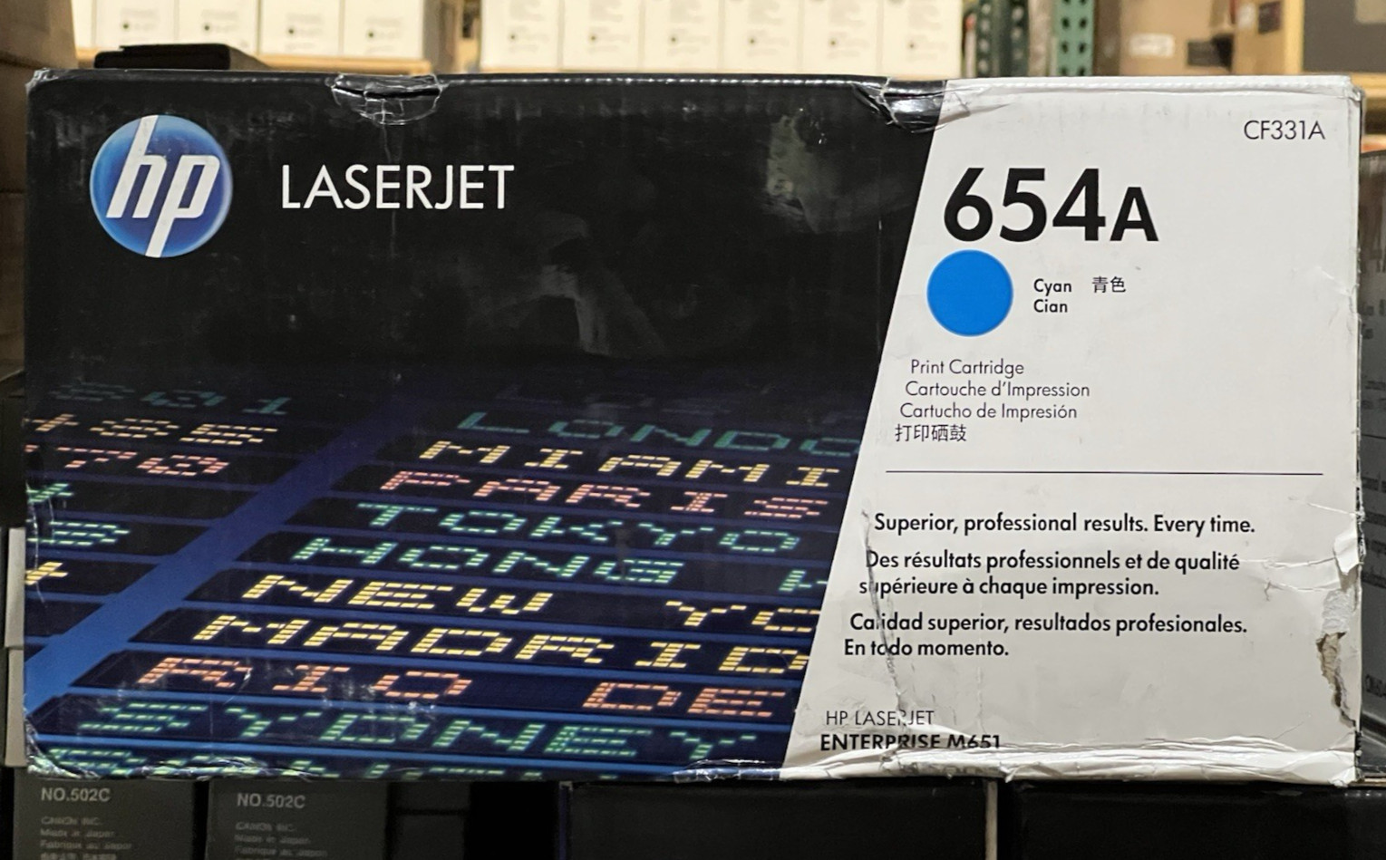 Original HP 654A LaserJet Cyan Toner Cartridge (CF331A)-Worn Box