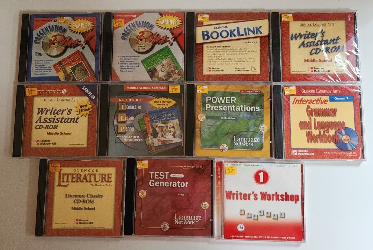 Glencoe Educational PC CD Rom Lot Of 11 Mostly Sealed Middle School Writers VTG