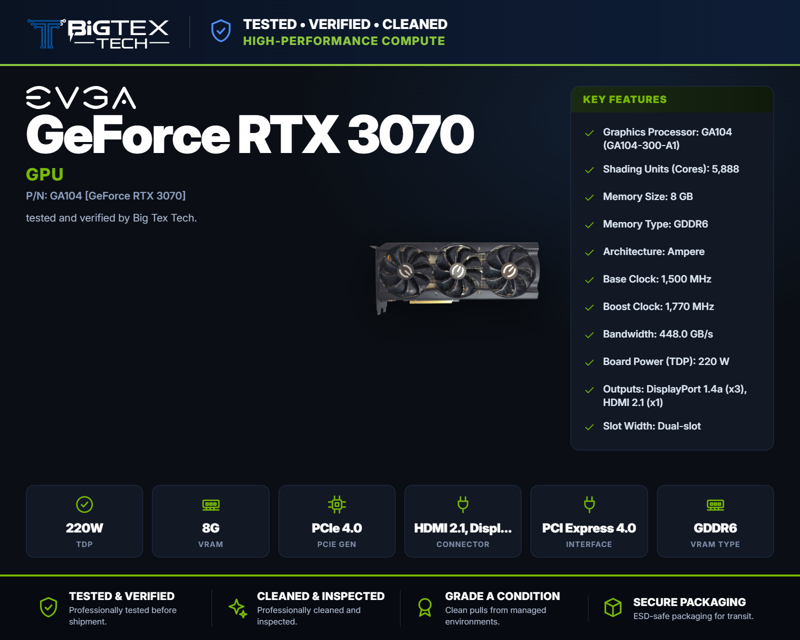 EVGA GeForce RTX 3070 XC3 8GB GDDR6 PCIe 4.0 Graphics Card 08G-P5-3755-KR