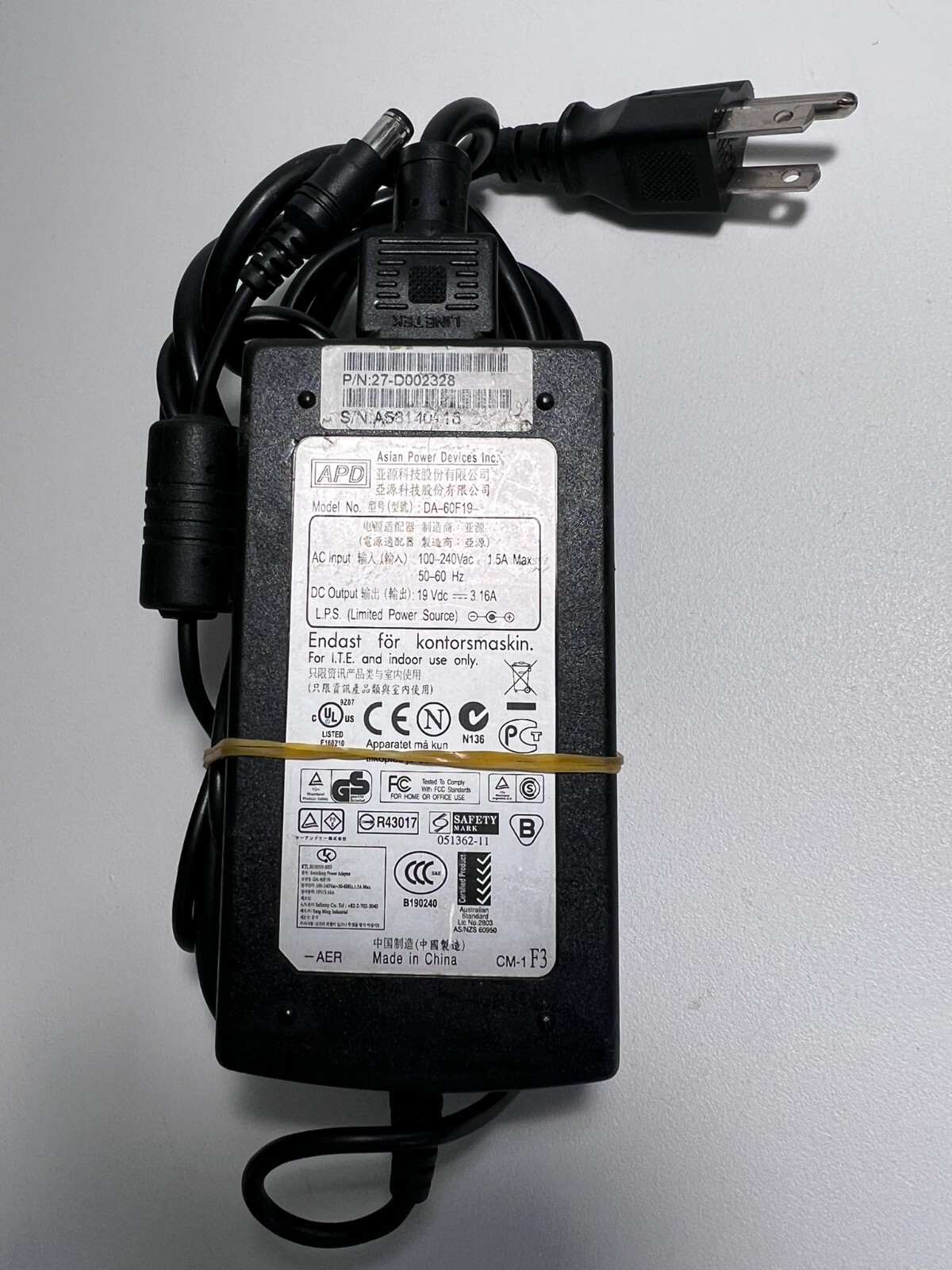 APD ADP DA-60F19 AC Power Supply Adapter Charger Cord Output 19V 3.16A