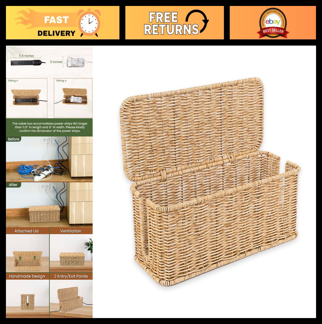Handmade Rattan Cable Management Box, Cord Organizer with 2 Open Slots, 13"x5.1