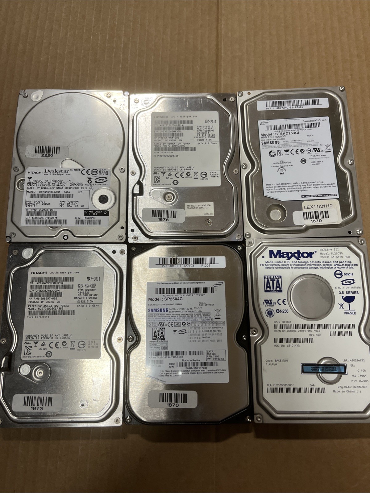 Lot of (6) Hitachi, Samsung, Maxtor 250GB SATA Desktop HDD 3.5" - Mixed Models
