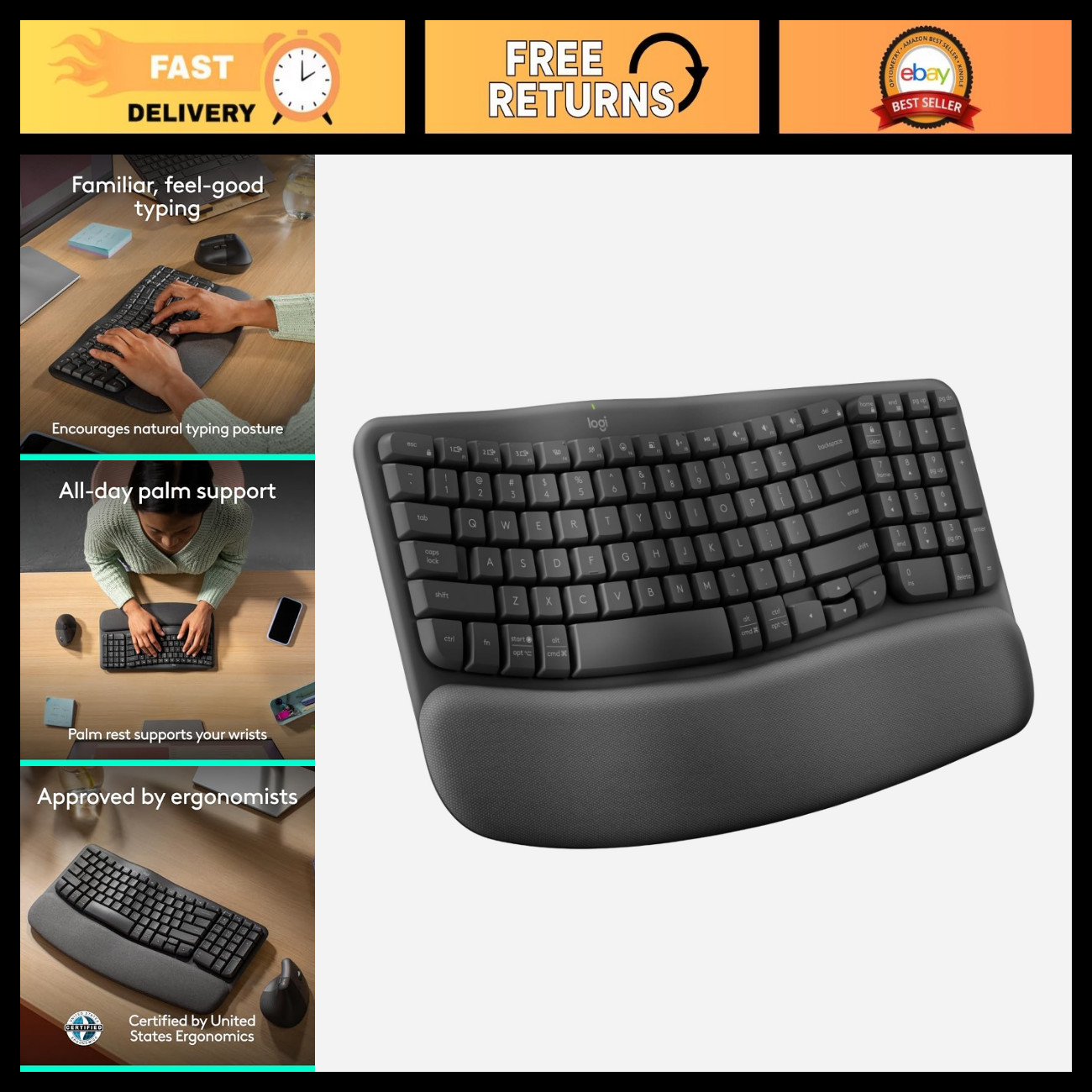 Ergonomic Wireless Keyboard with Palm Rest - Wave Keys, Comfortable Typing, Grap