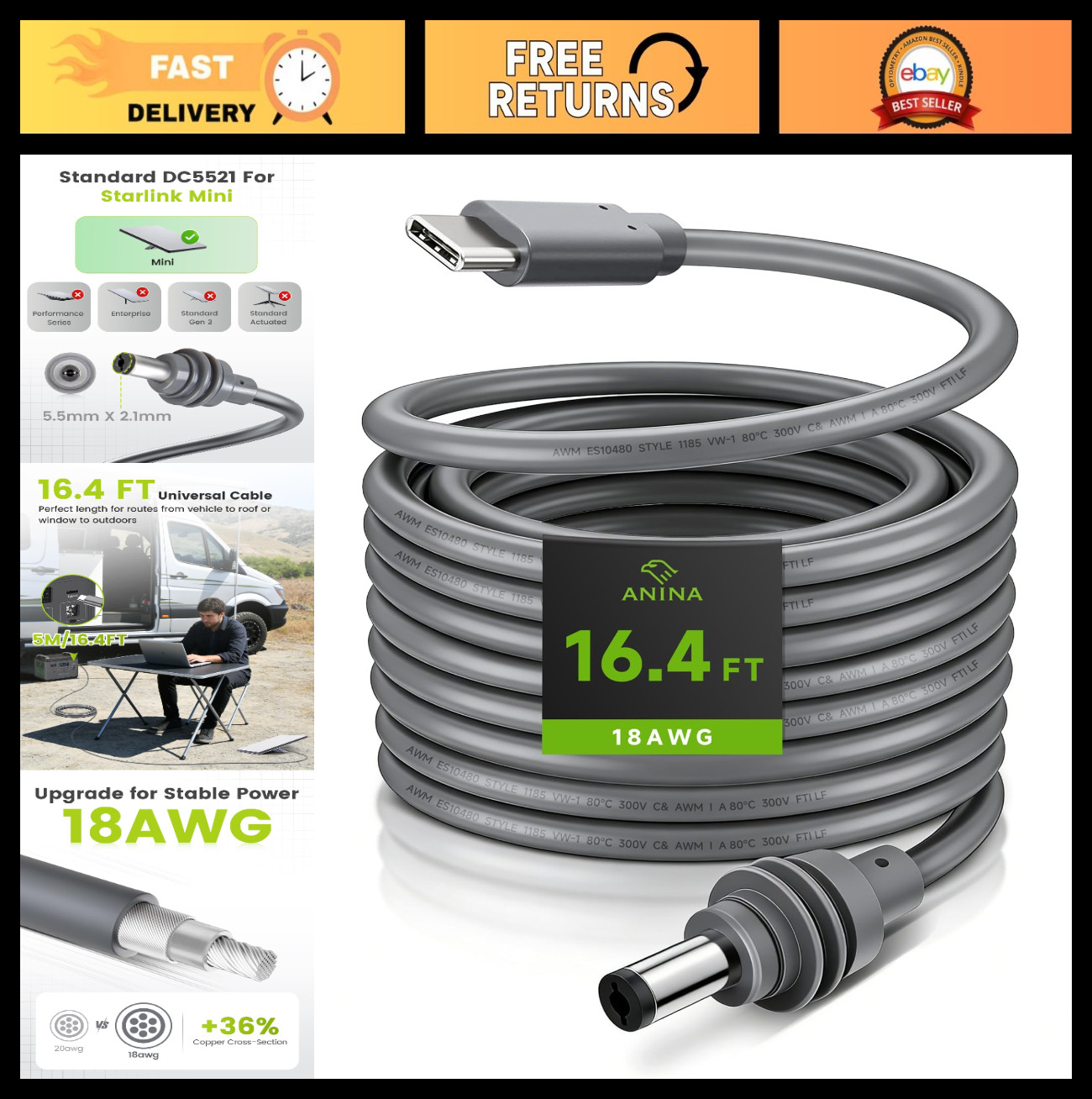 USB-C to DC Power Cable 5M/16.4FT with Smart PD Chip, 18AWG Type C Male to DC552