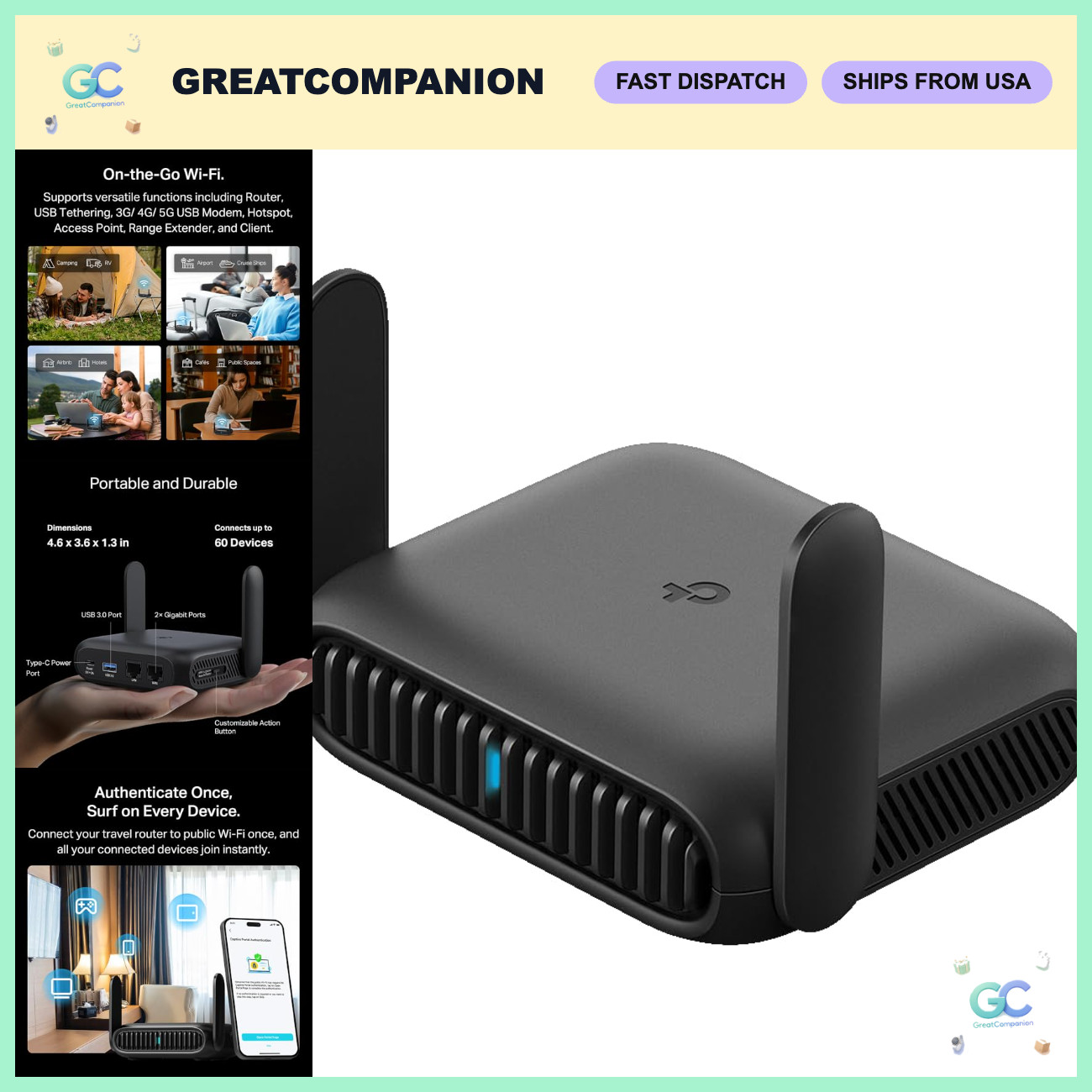 Portable Wi-Fi 6 Travel Router AX1500 Dual-Band USB C 3.0 - Compact & Fast