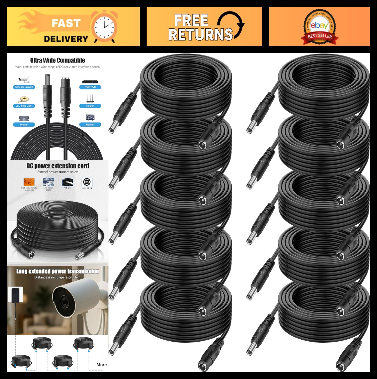 10-Pack 60ft DC Power Extension Cables, 5.5mm x 2.1mm Male to Female, 12V for CC