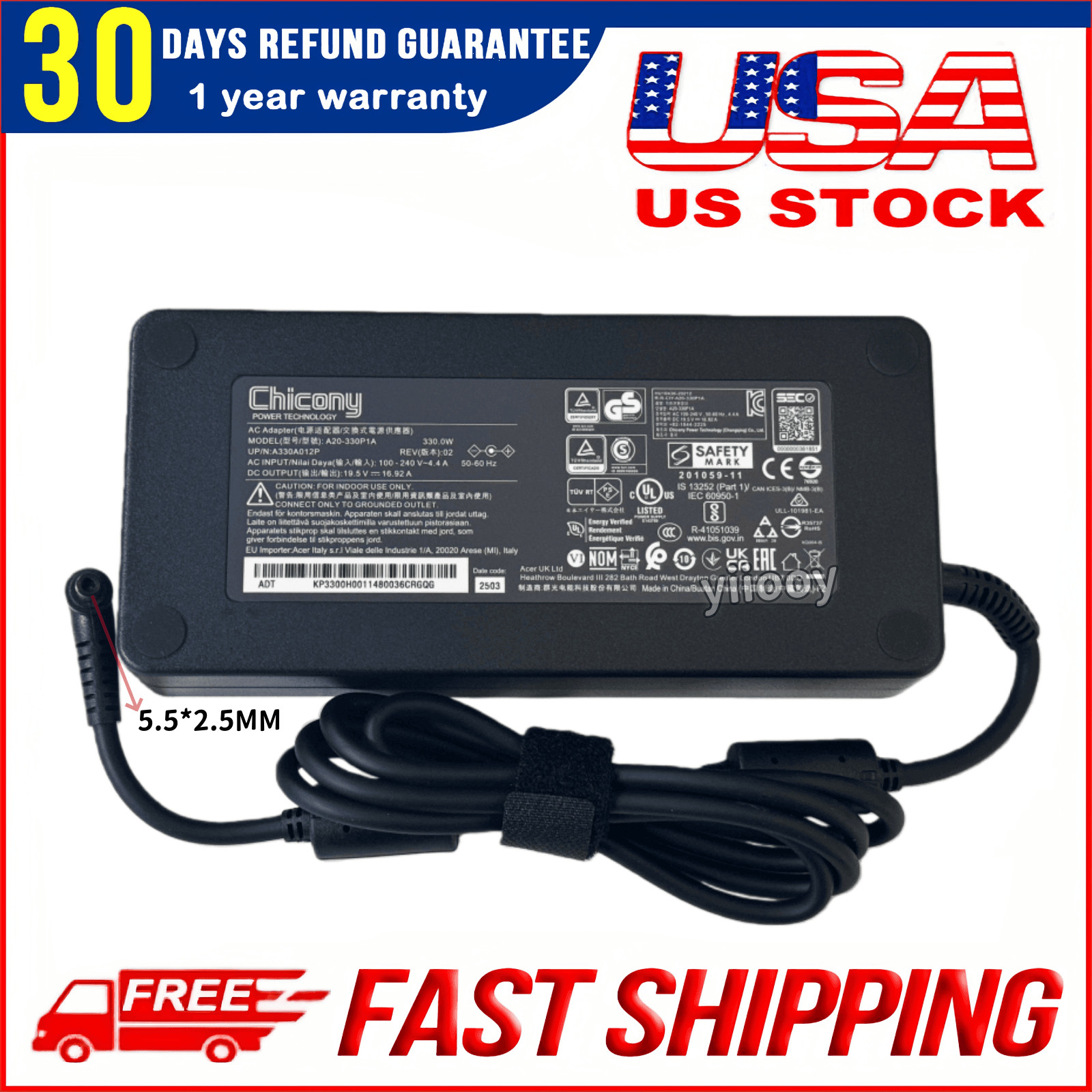OEM 330W Charger A20-330P1A 5.5mm Power Adapter for Acer/Chicony Predator Helios