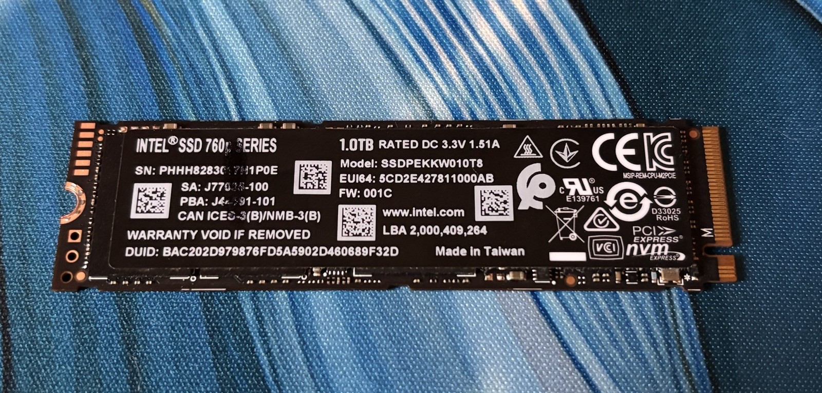 Intel 2280mm 760p 1TB M.2 NVMe Gen 3.0 x 4 SSD SSDPEKKW010T8