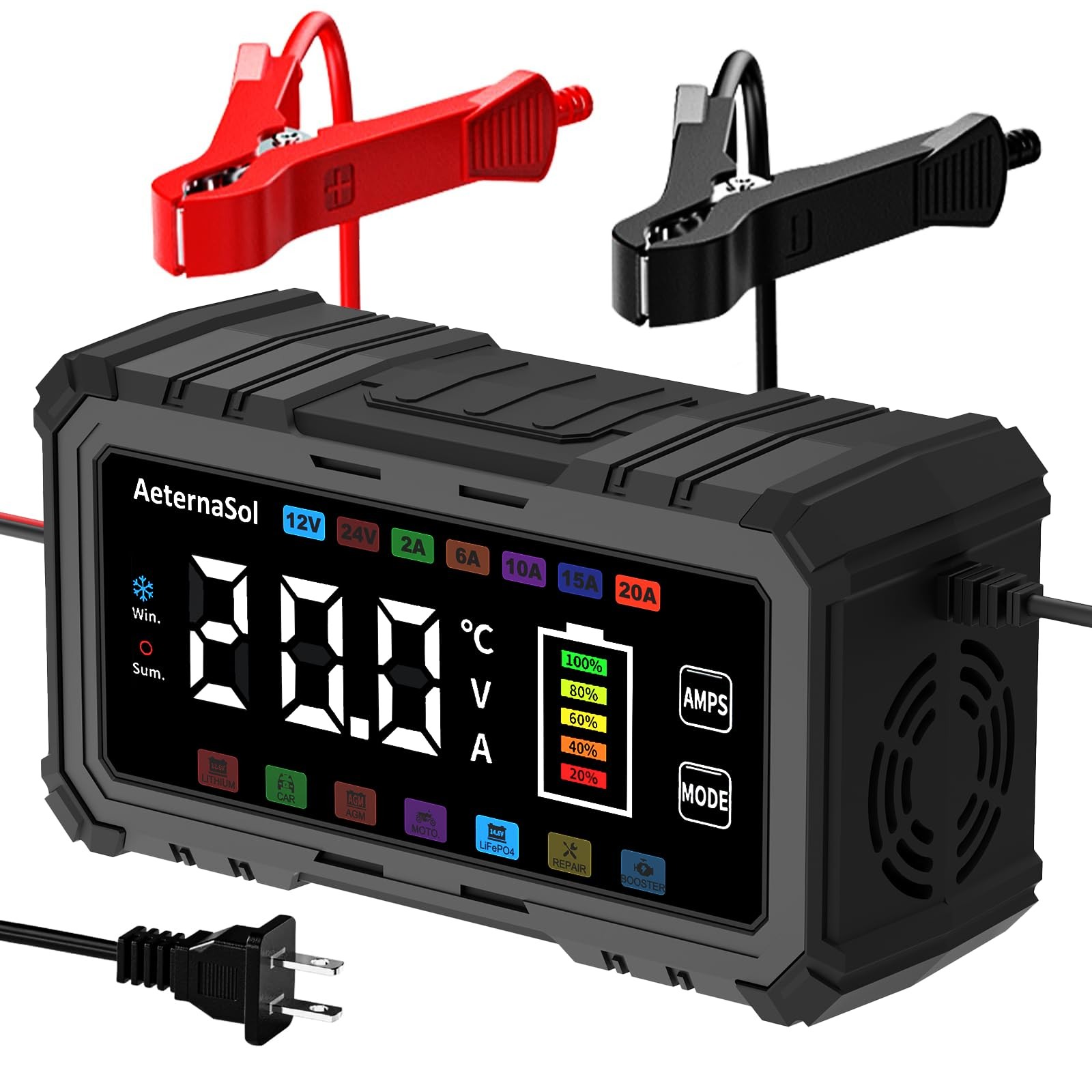 20A Smart Car Battery Charger 12V/24V Trickle Charger Maintainer Black