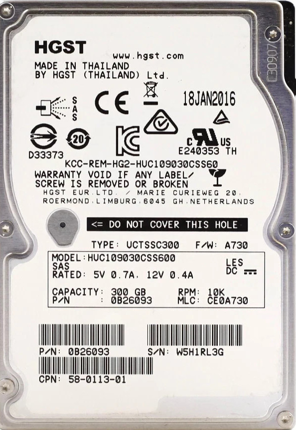 HGST HUC109030CSS600 0B26093 300GB 10K SAS 6Gb/s 2.5" HDD Server Hard Drive~~