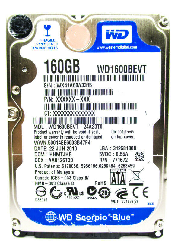 Western Digital 160GB WD1600BEVT-24A23T0 SATA Laptop Hard Drive WIPED&TESTED