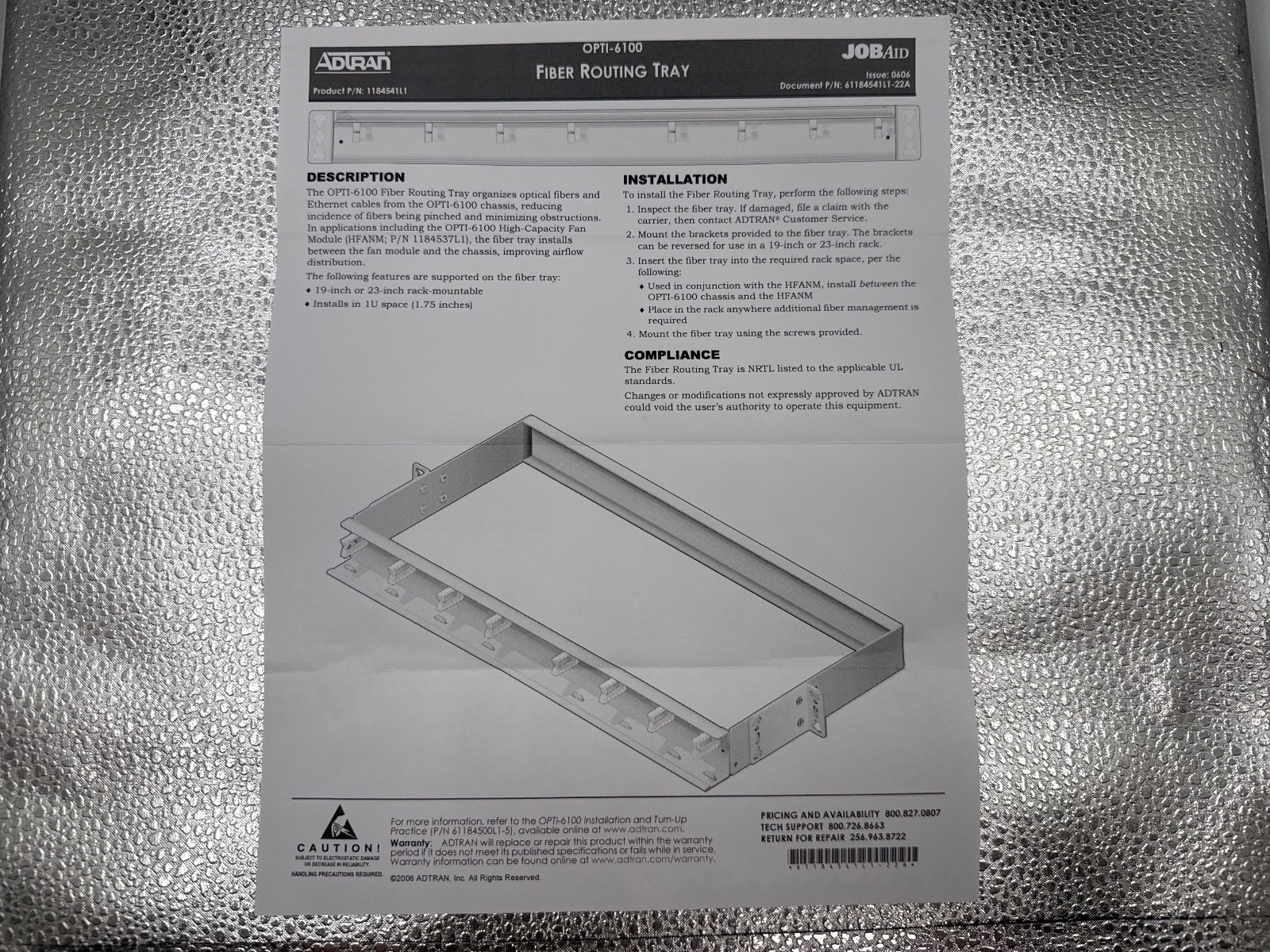 Adtran 1184541L1 Fiber Routing Tray for OPTI-6100 Chassis