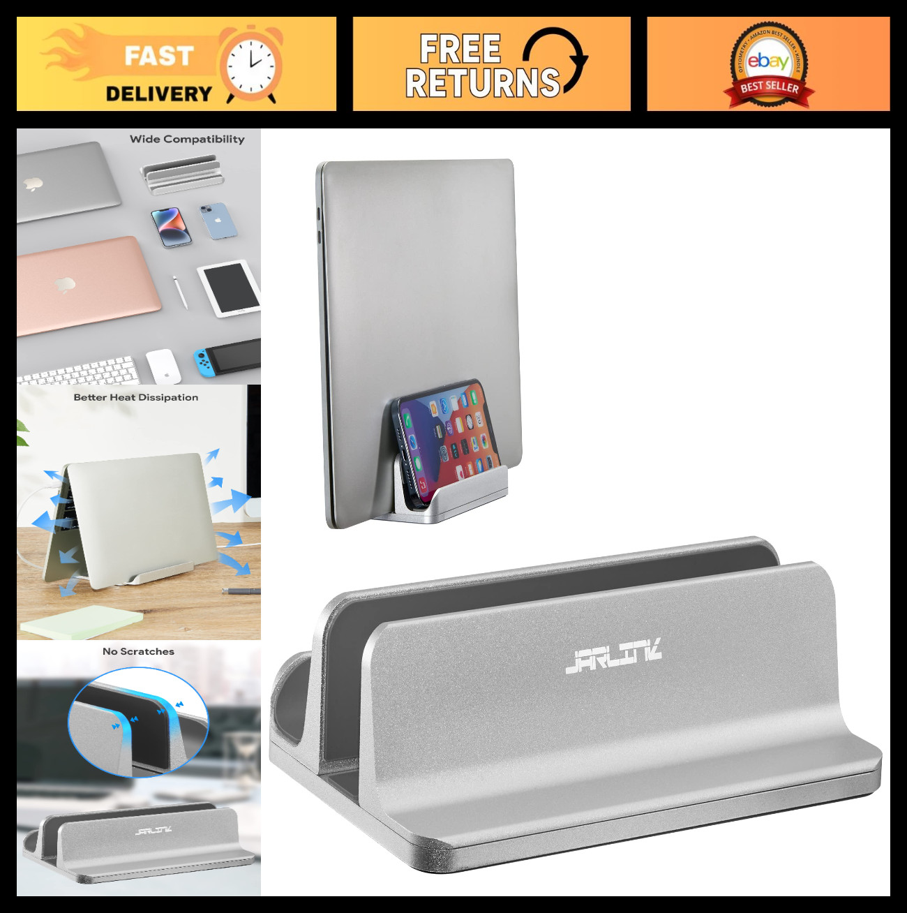 Adjustable 2-in-1 Vertical Laptop Stand Dock - Space-Saving Aluminum Holder for
