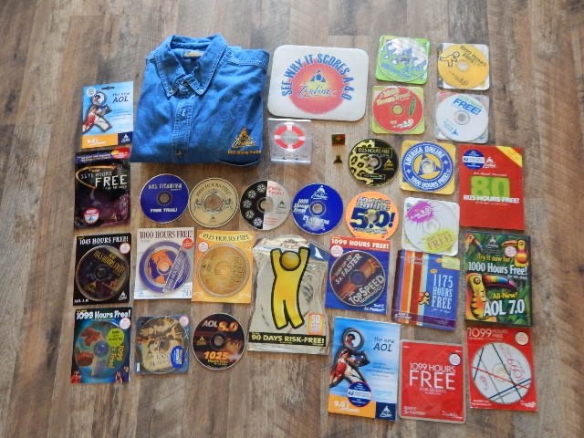 Vintage AOL America Online: 28 Promo Discs, 2 Pins, Denim Shirt, Frame,Mouse Pad