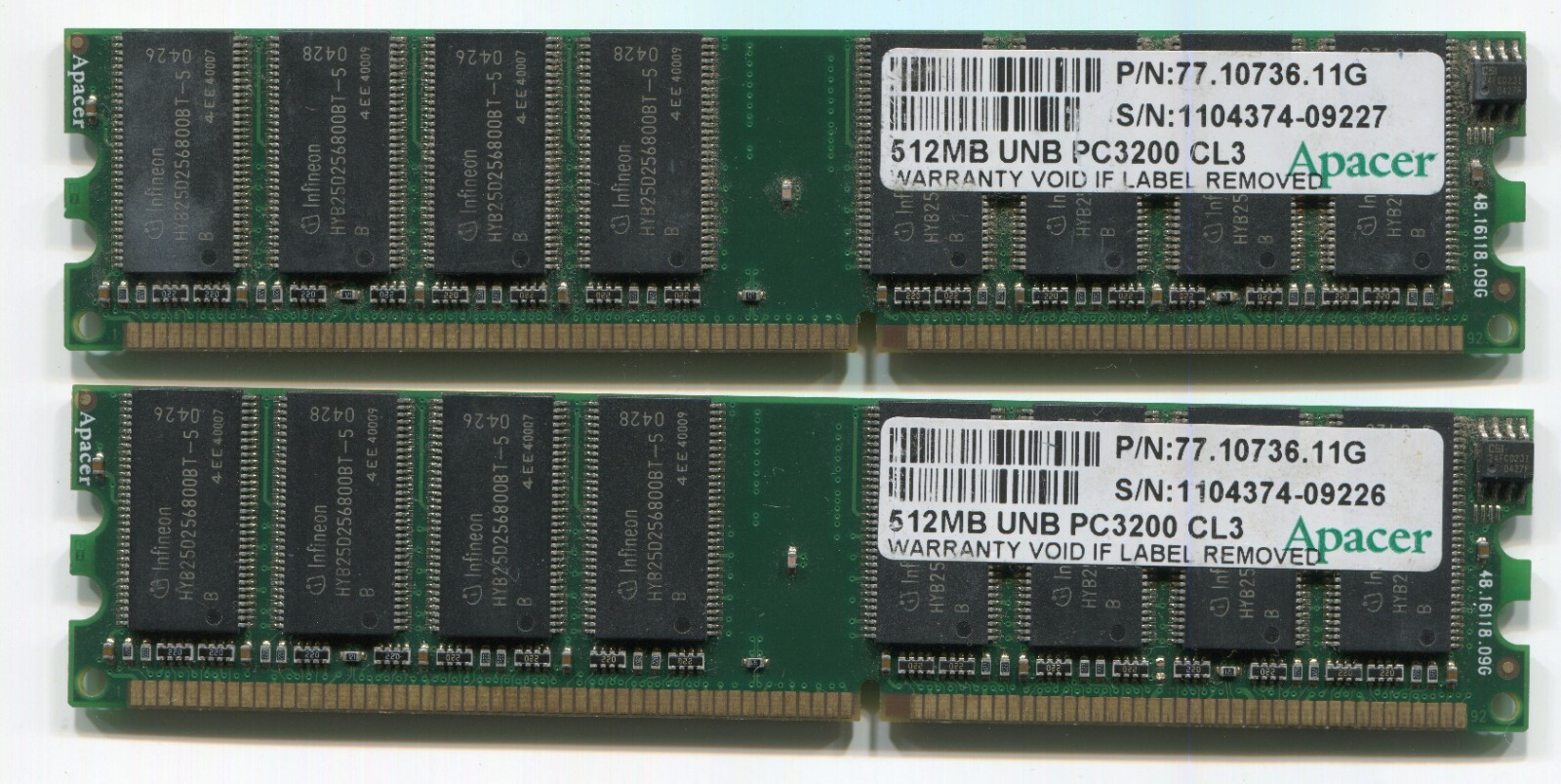 1GB 2x512MB Apacer 77.10736.11G 512MB PC3200 DDR-400MHz Memory Kit RAM DIMMs