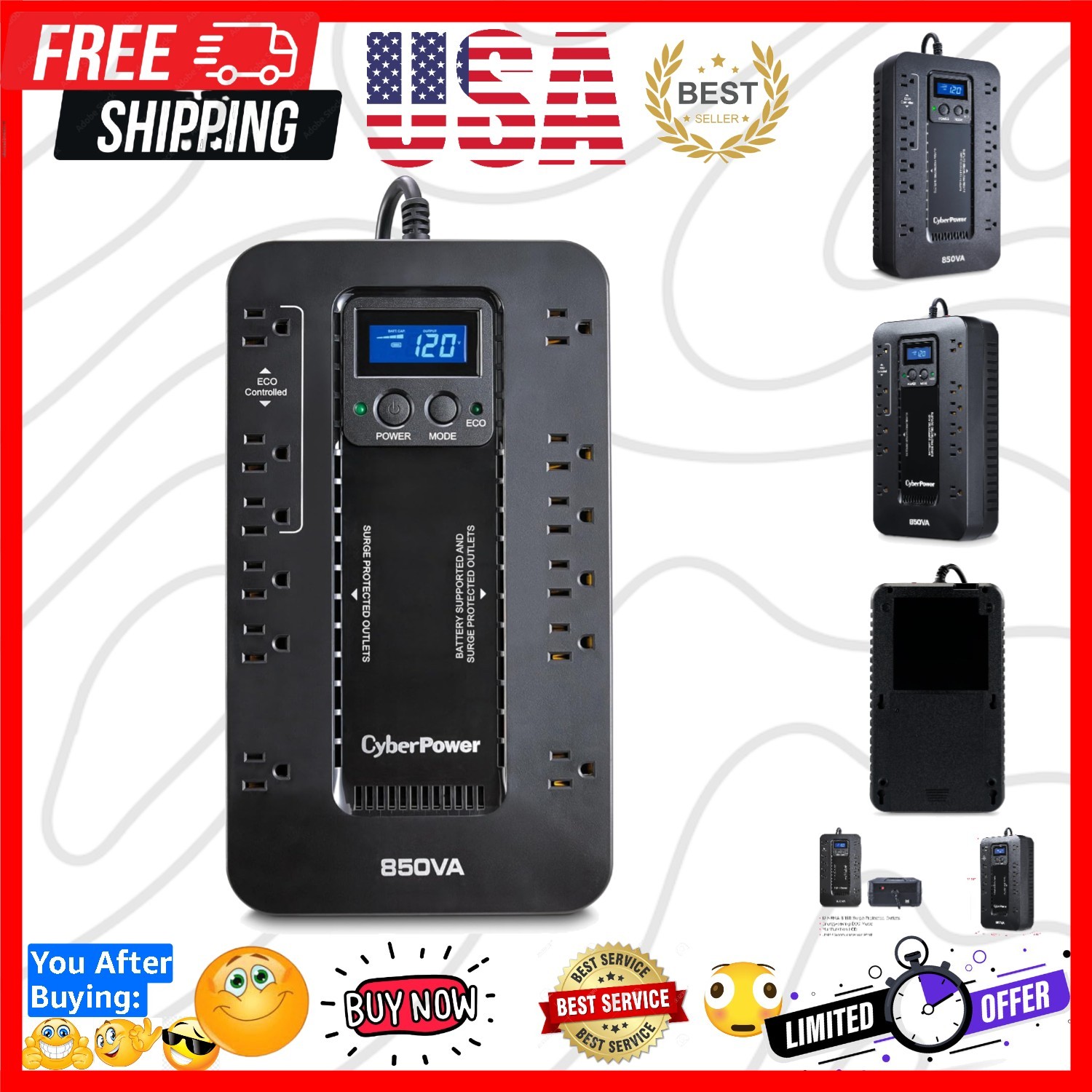 EC850LCD Ecologic UPS Battery Backup and Surge Protector