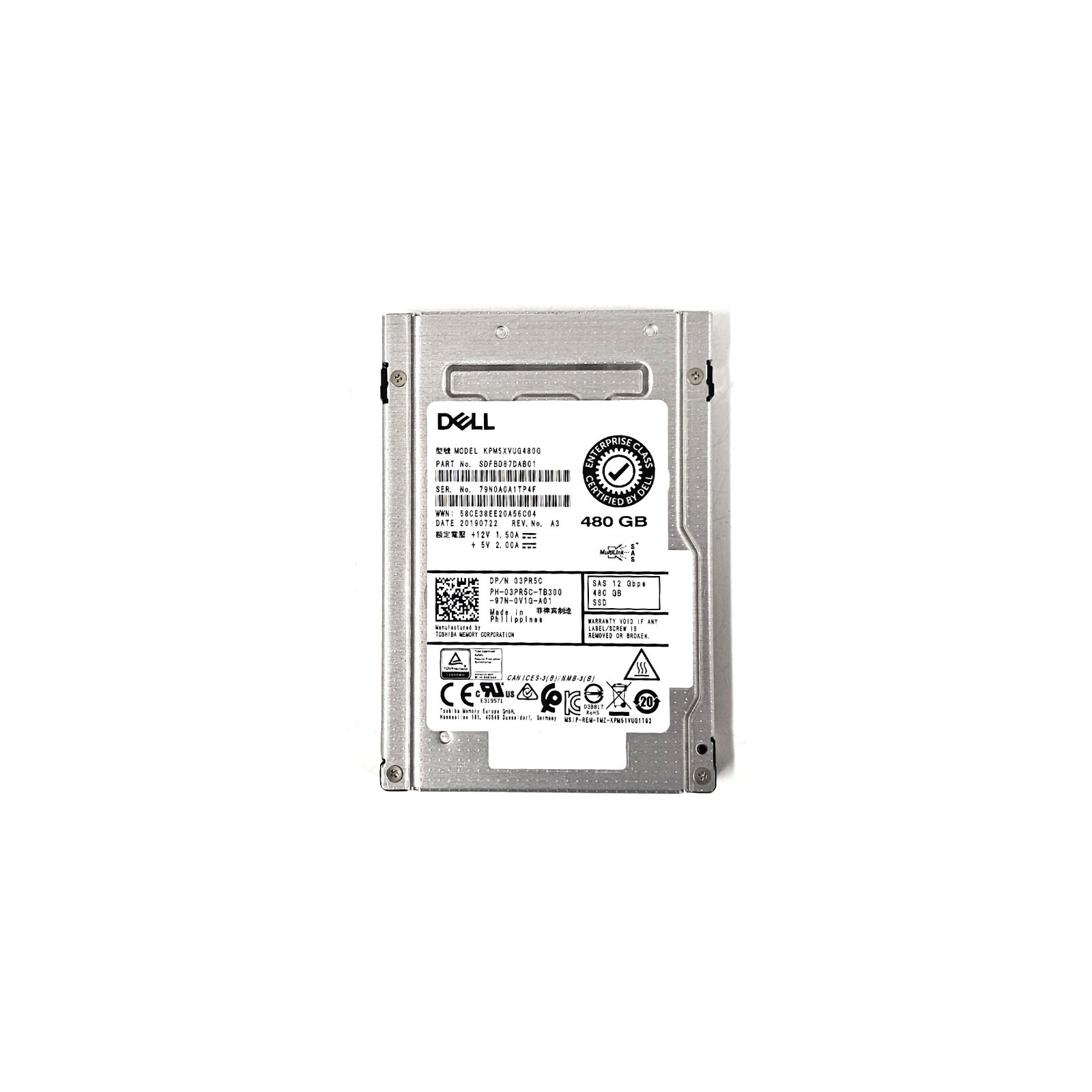 3PR5C DELL TOSHIBA 480GB 12G SAS 2.5” SFF SSD SOLID STATE DRIVE KPM5XVUG480G