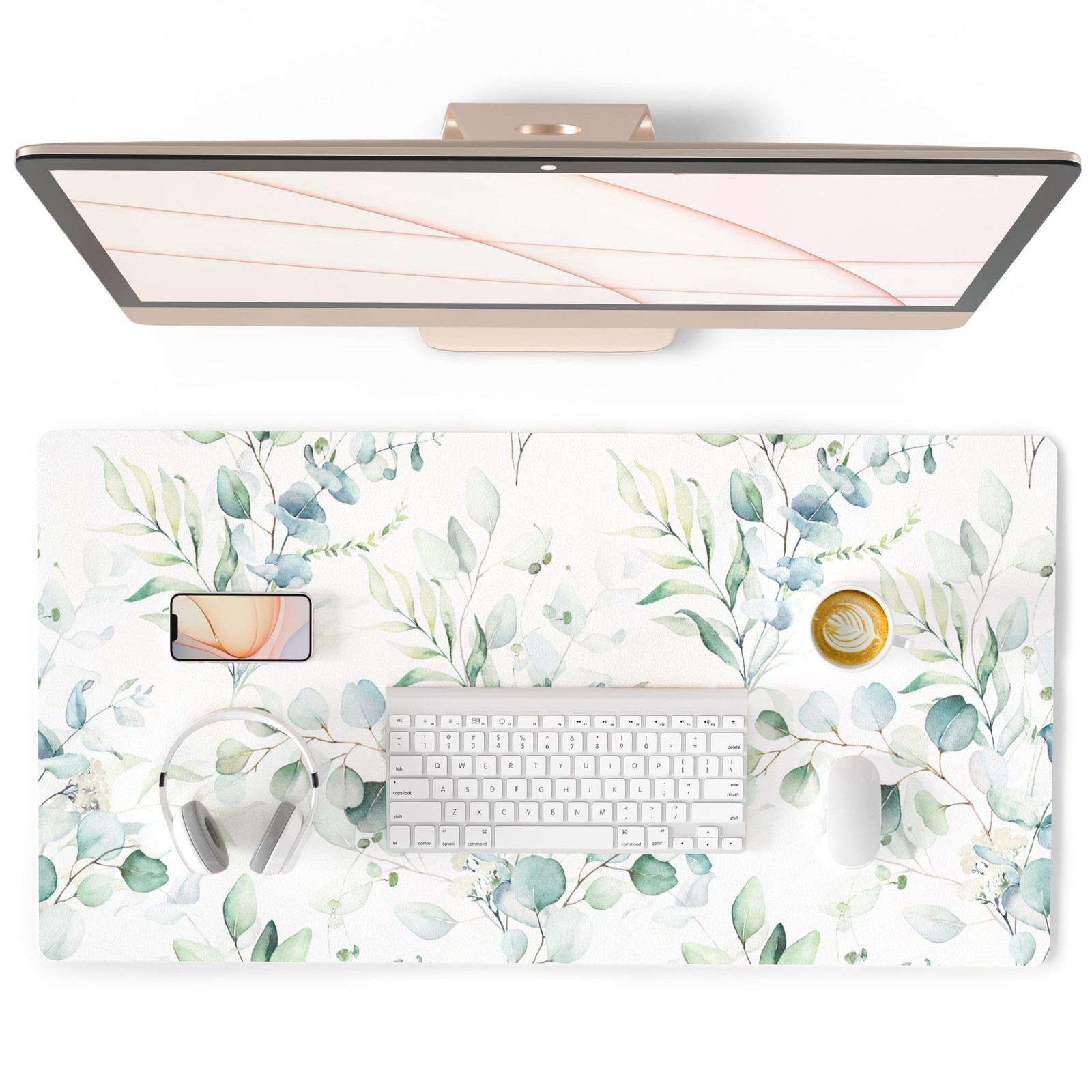 Large Mouse Pad Cute Green Leaves Desk Mat PU Leather Desktop 31.5x15.7 Inch
