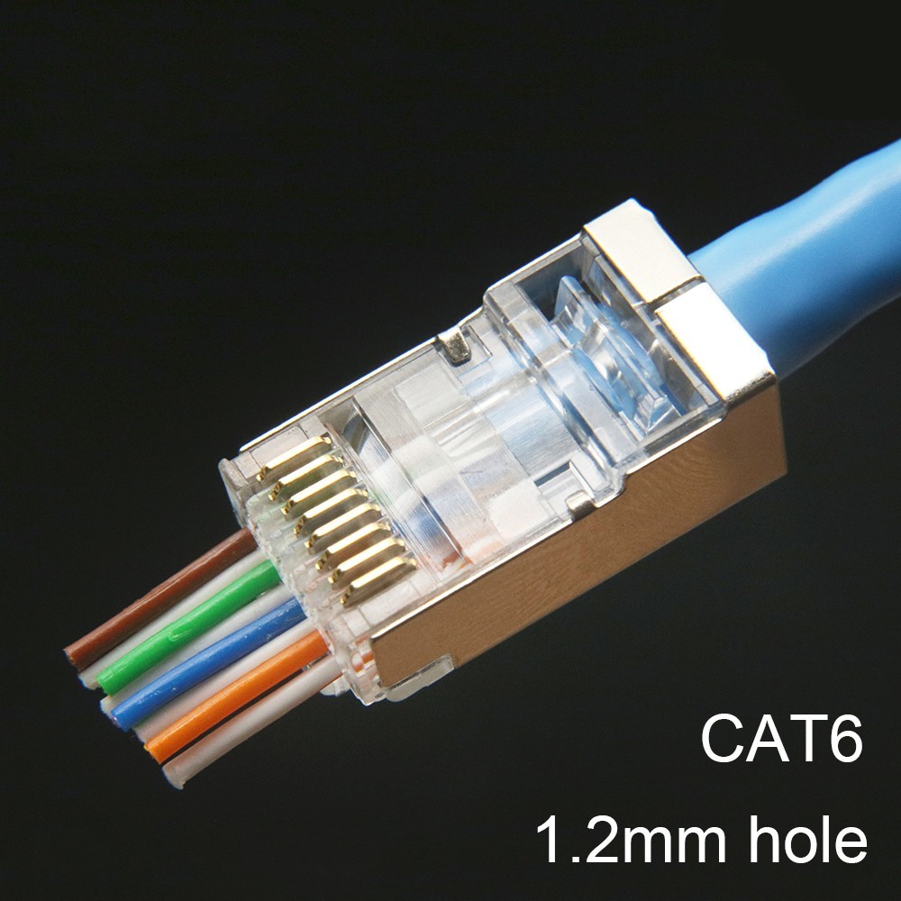Cat6/6A RJ45 Pass Through Modular Plugs, Shielded Connector Gold Plated 3 Prong