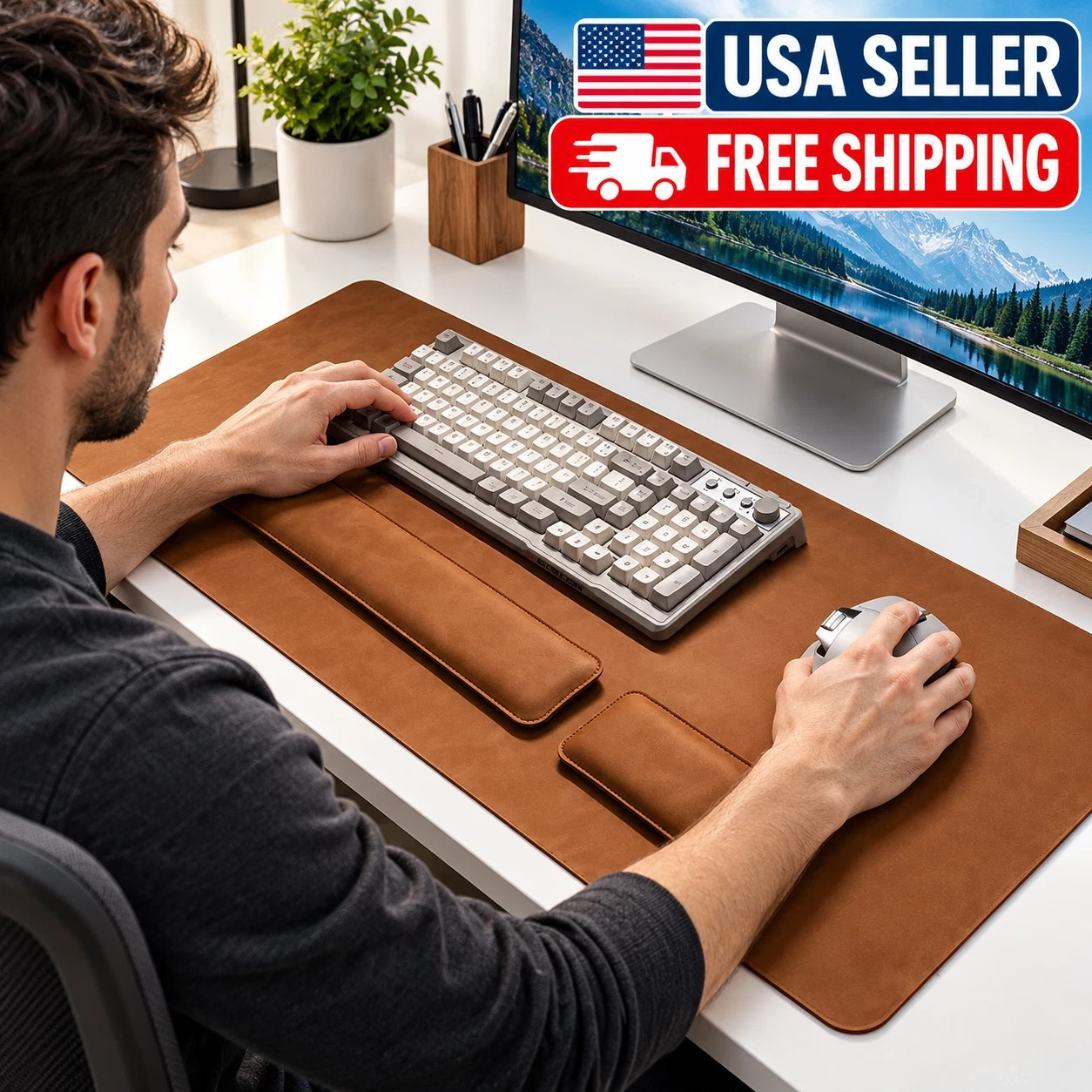 Leather Desk Mat Set 3PCS 35.4x15.7in Waterproof Mouse Pad Wrist Rest Office 