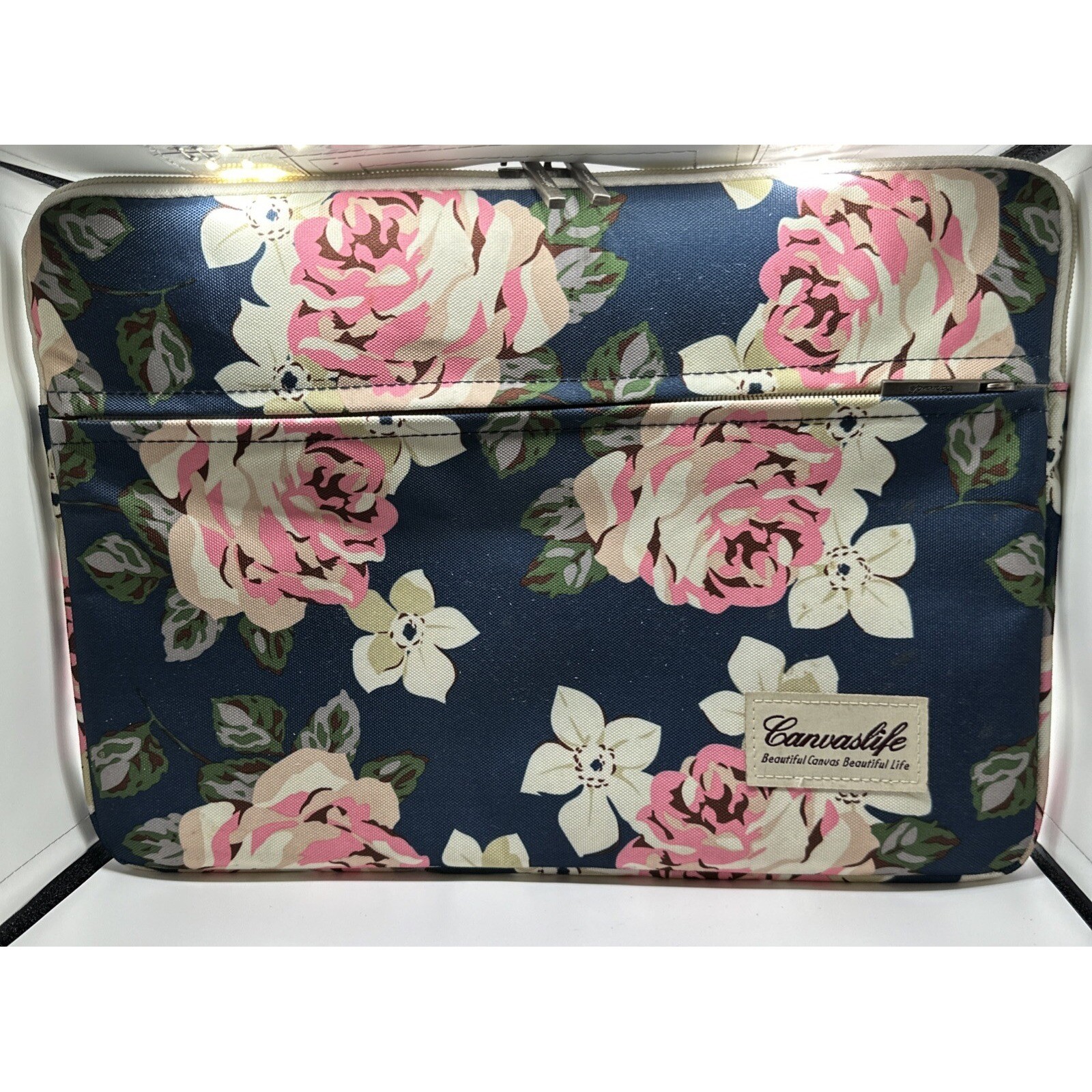 Canvaslife Floral Rose Laptop Sleeve Case Navy Blue Pink White Canvas Bag