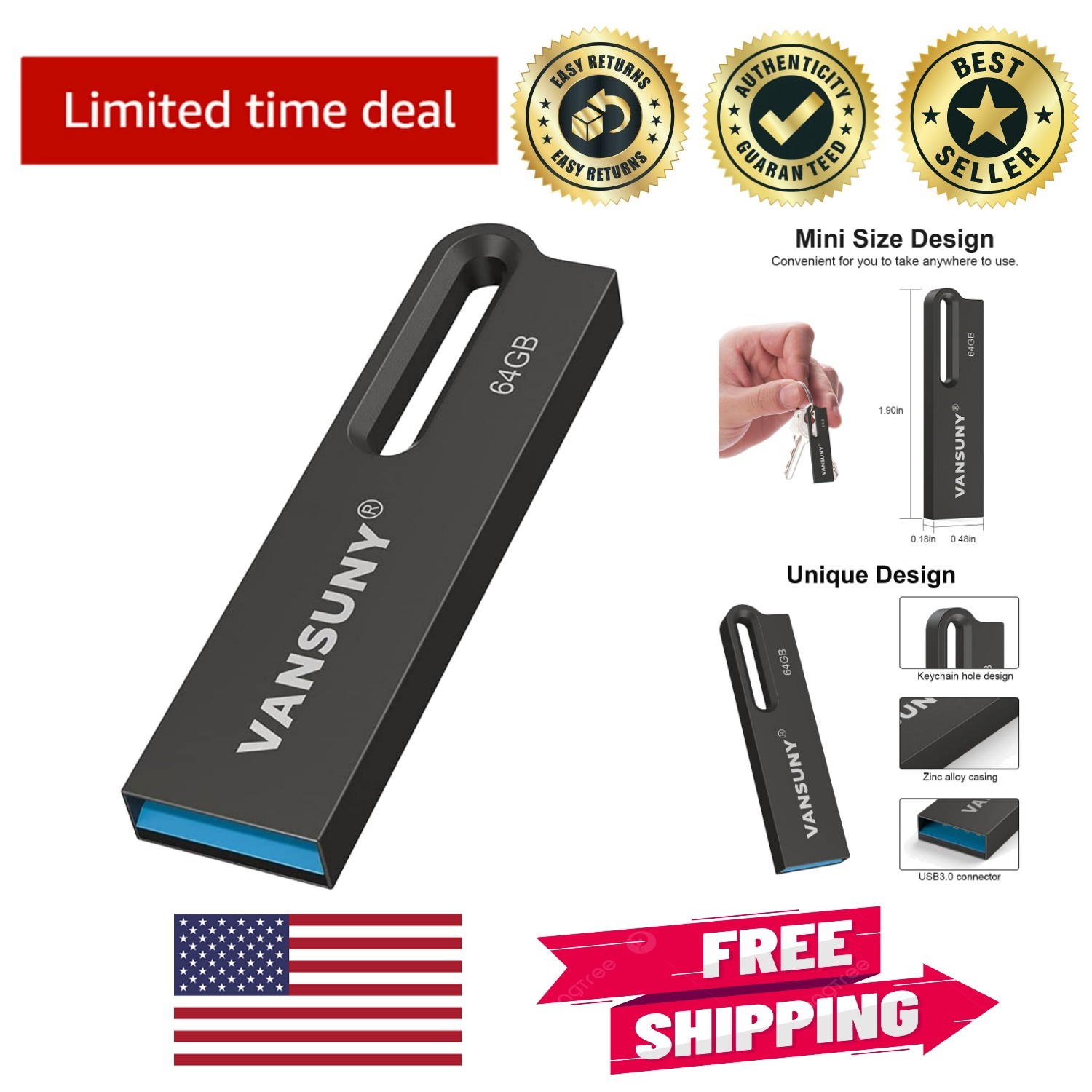 Compact 64GB Metal USB Drive - High-Speed Waterproof Storage for All Devices