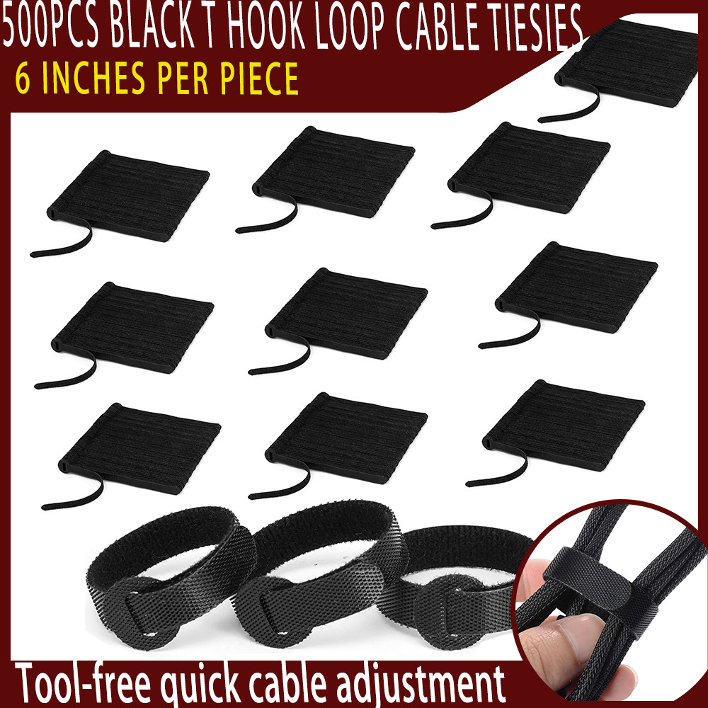 500Pcs Black T-Type Hook and Loop Cable Ties
