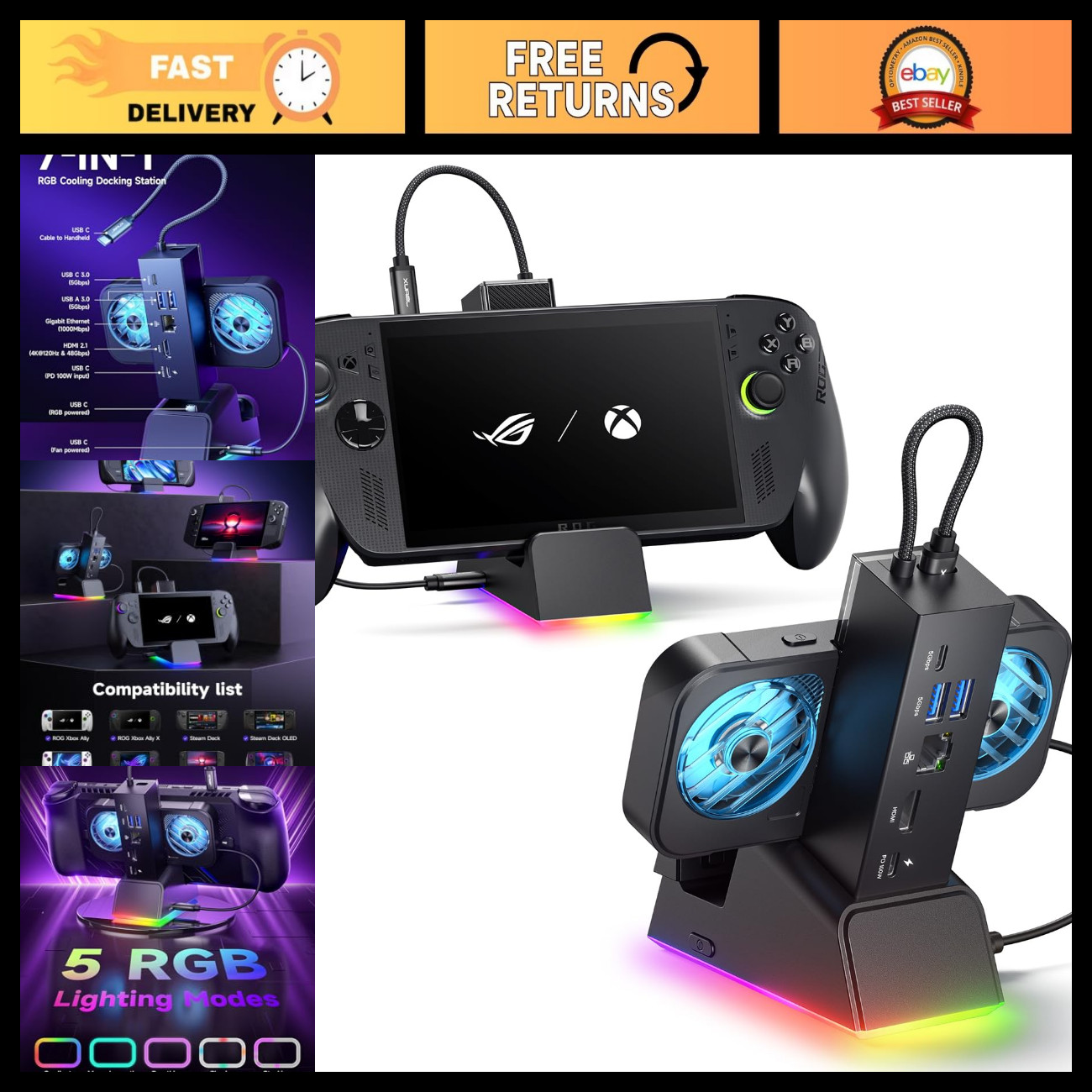 7-in-1 Docking Station for Steam Deck, ROG Ally & Legion Go - 4K HDMI, RGB Fan,
