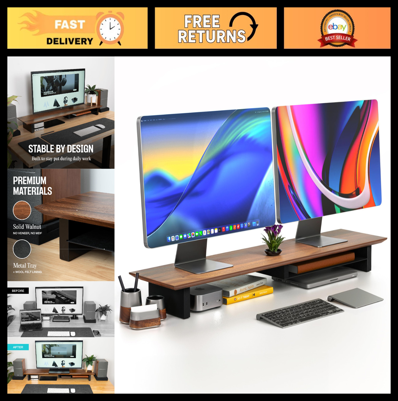 Solid Wood Dual Monitor Stand Riser - 42" Walnut Desk Shelf for Home Office