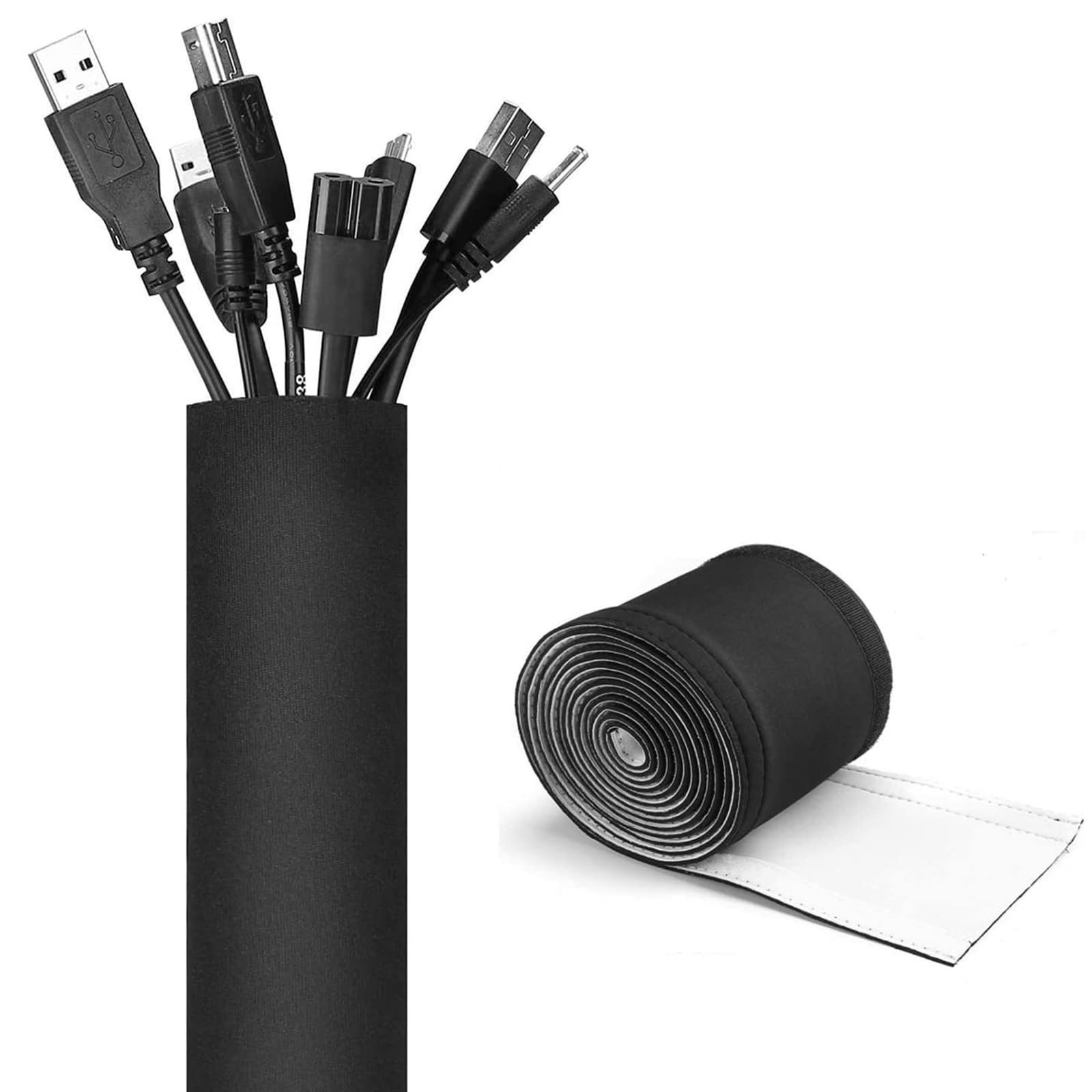 2 Pack Cable Management Sleeve - Black, Large Organizer for Cords & Wires