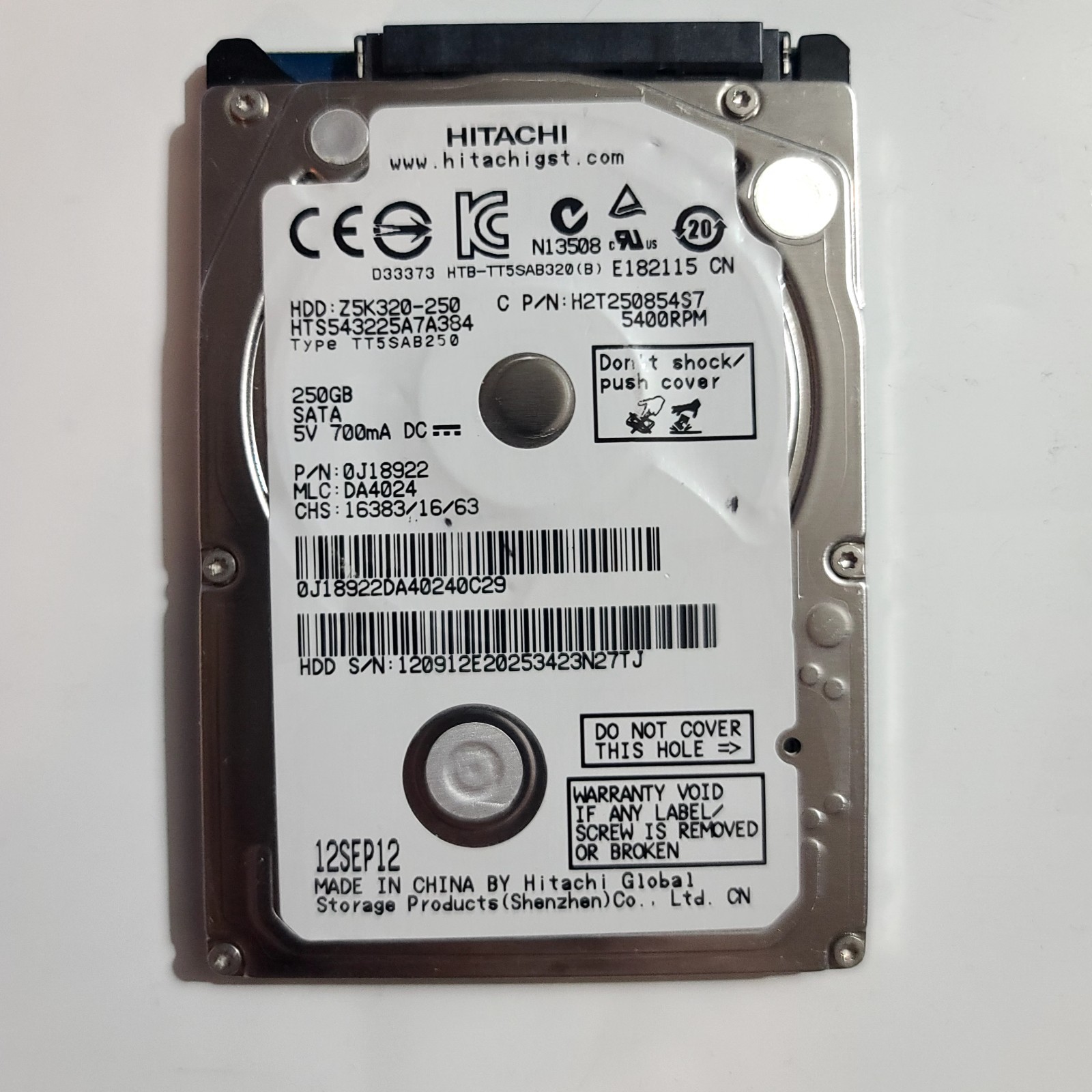 Hitachi 250 GB,Internal,5400 RPM,2.5" (HTS543225L9SA00) Hard Drive
