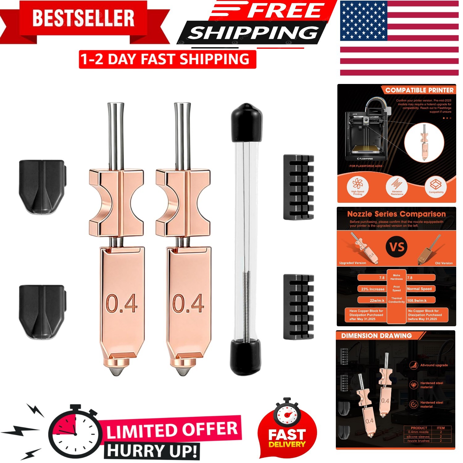New 2PCS Nozzle Kit for Flashforge AD5X, 0.4Mm Hardened Steel Quick-Detachable H