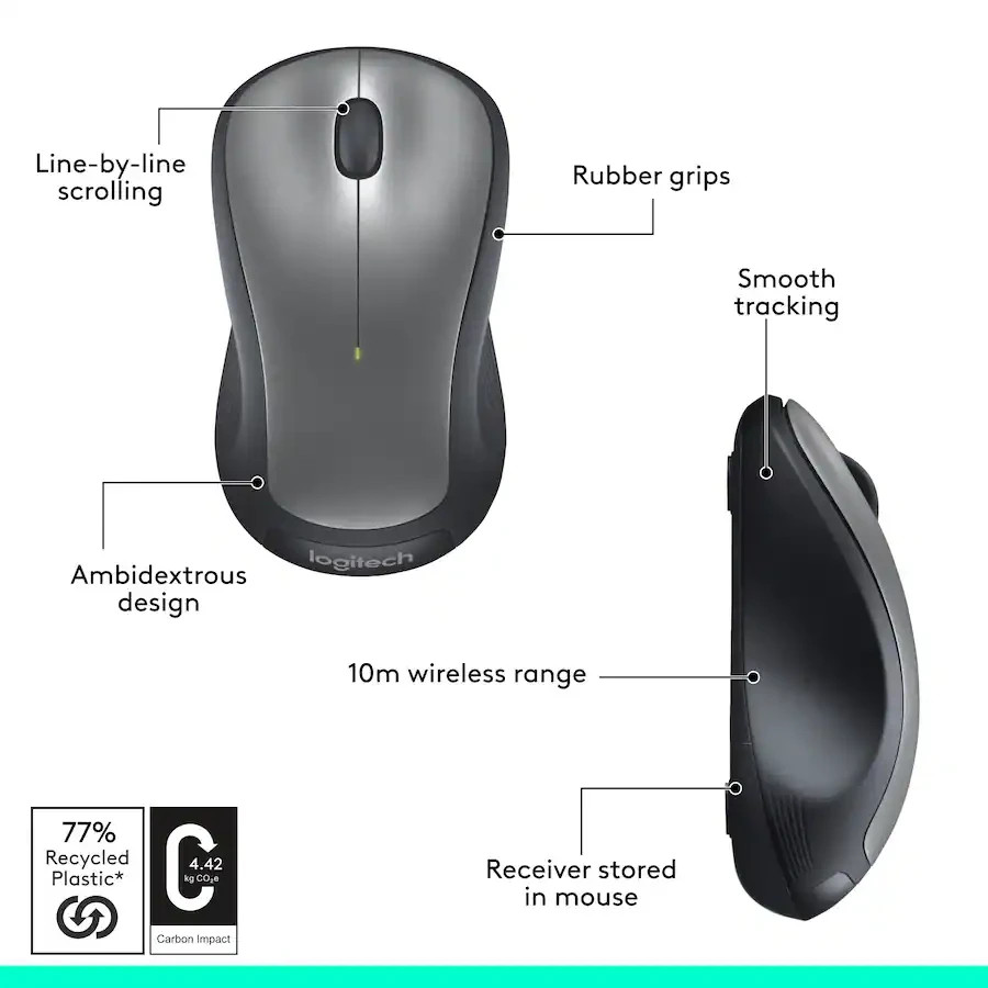 Logitech M310 Full Size Wireless Optical Ambidextrous Wireless Mouse - Silver
