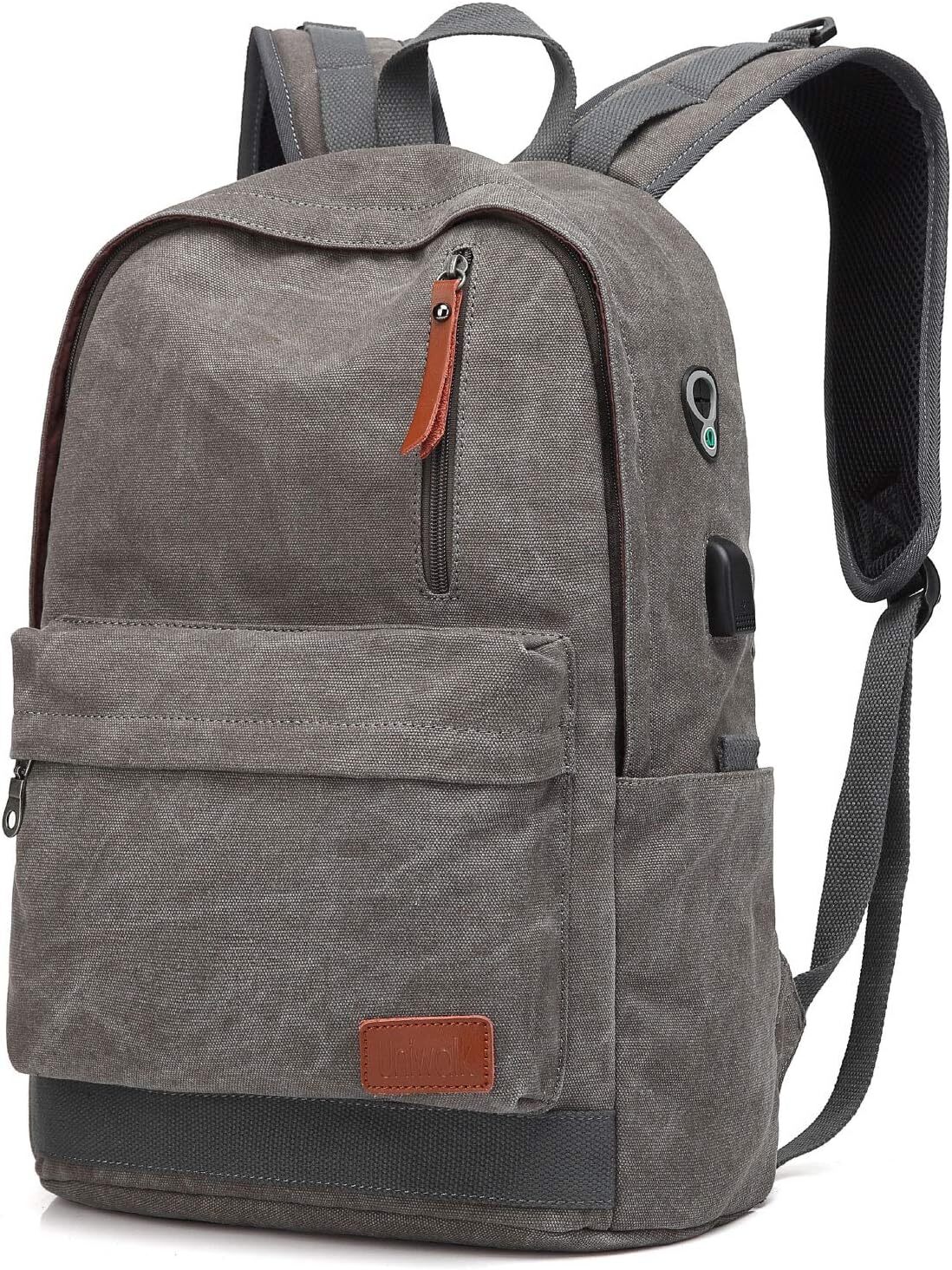 UNIWALK Canvas Laptop Backpack, Waterproof School Backpack With USB Gray 