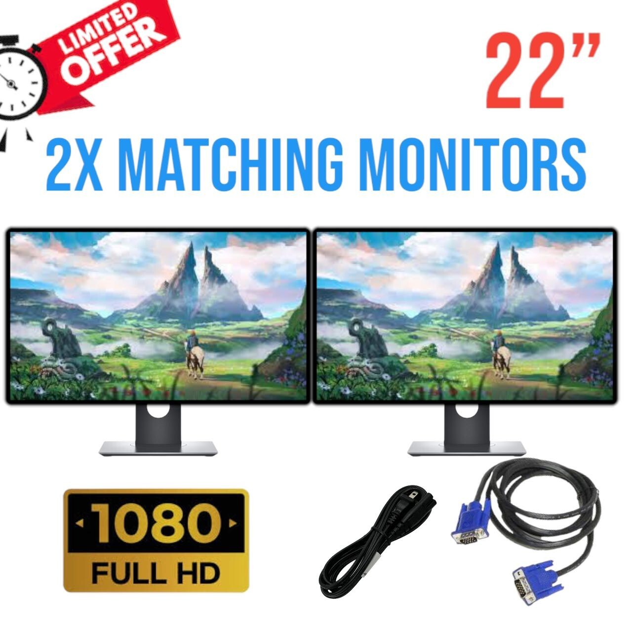 TWO 22" Major Brand Matching FHD Widescreen LCD Monitors Gaming Stand Cable VGA