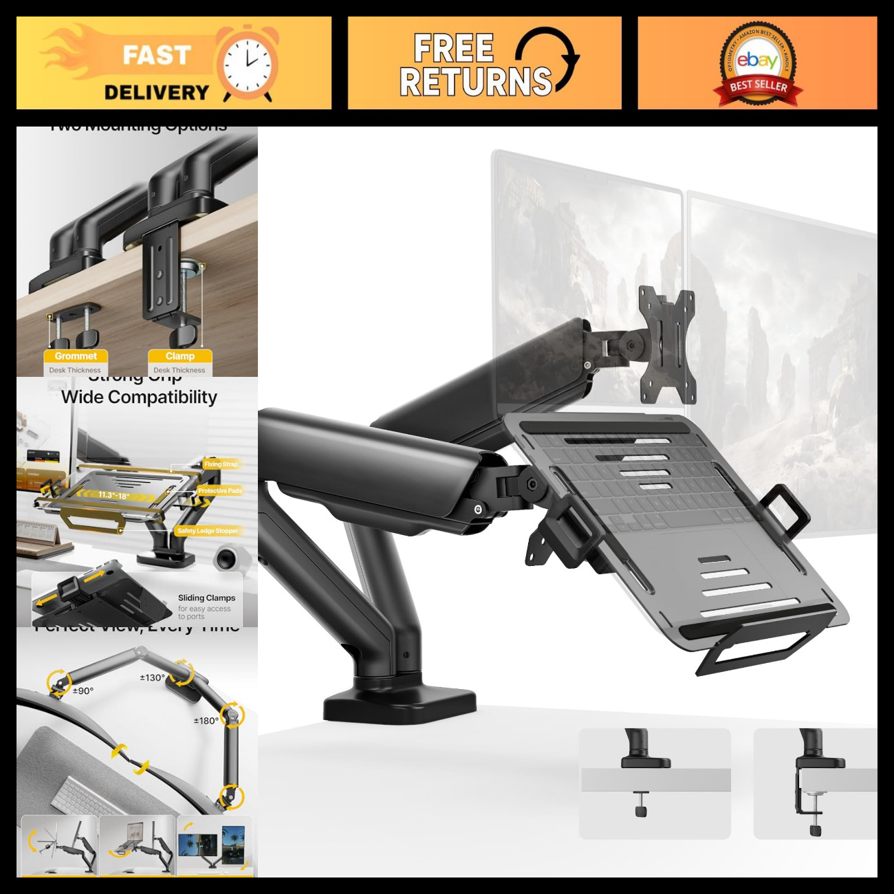 Dual Arm 2-in-1 Desk Mount for Laptop & Monitor, Fits 12-18" Laptops, Adjustable