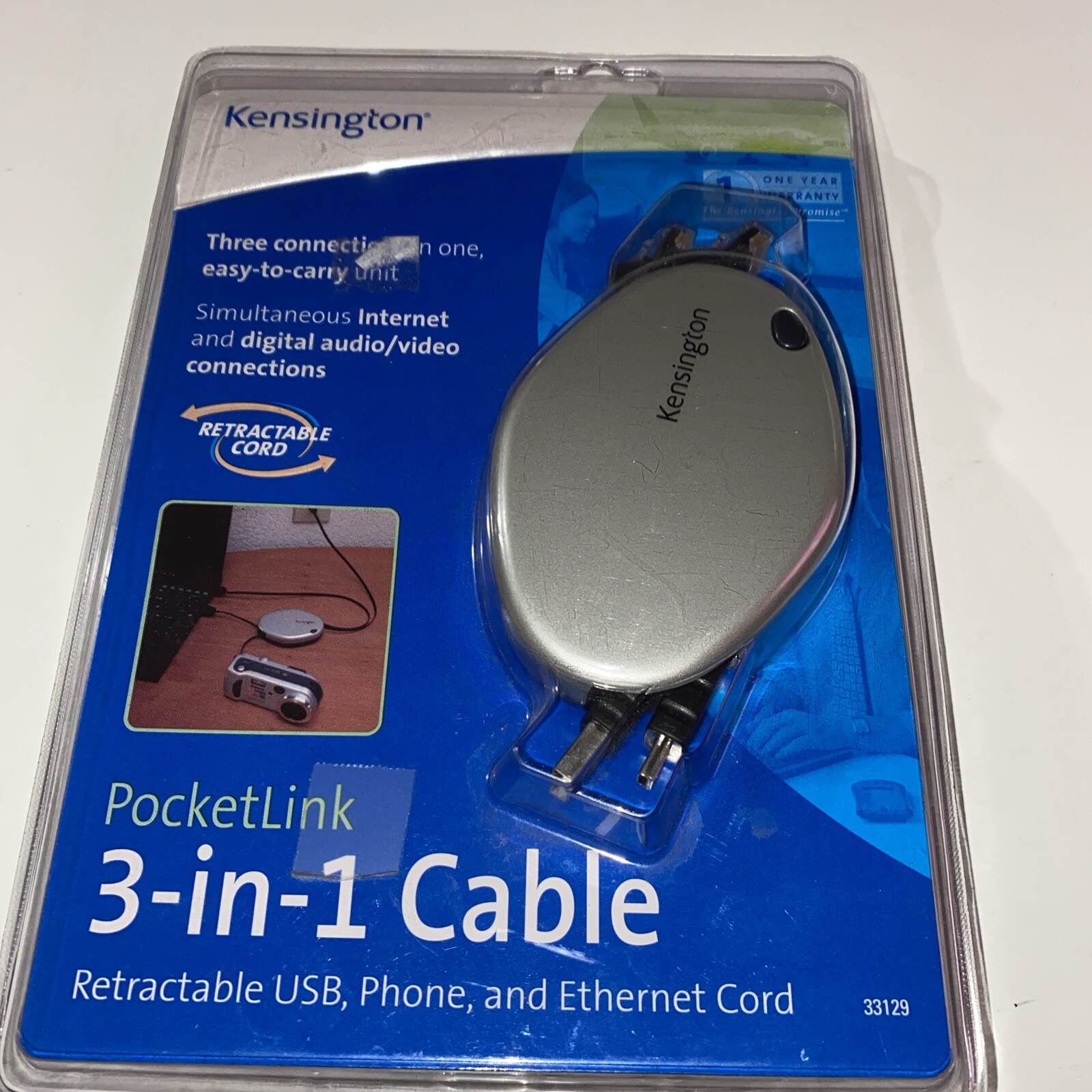 Kensington PocketLink 3-in-1 Ethernet/Phone/USB Cable for Mac or PC (33129) NEW